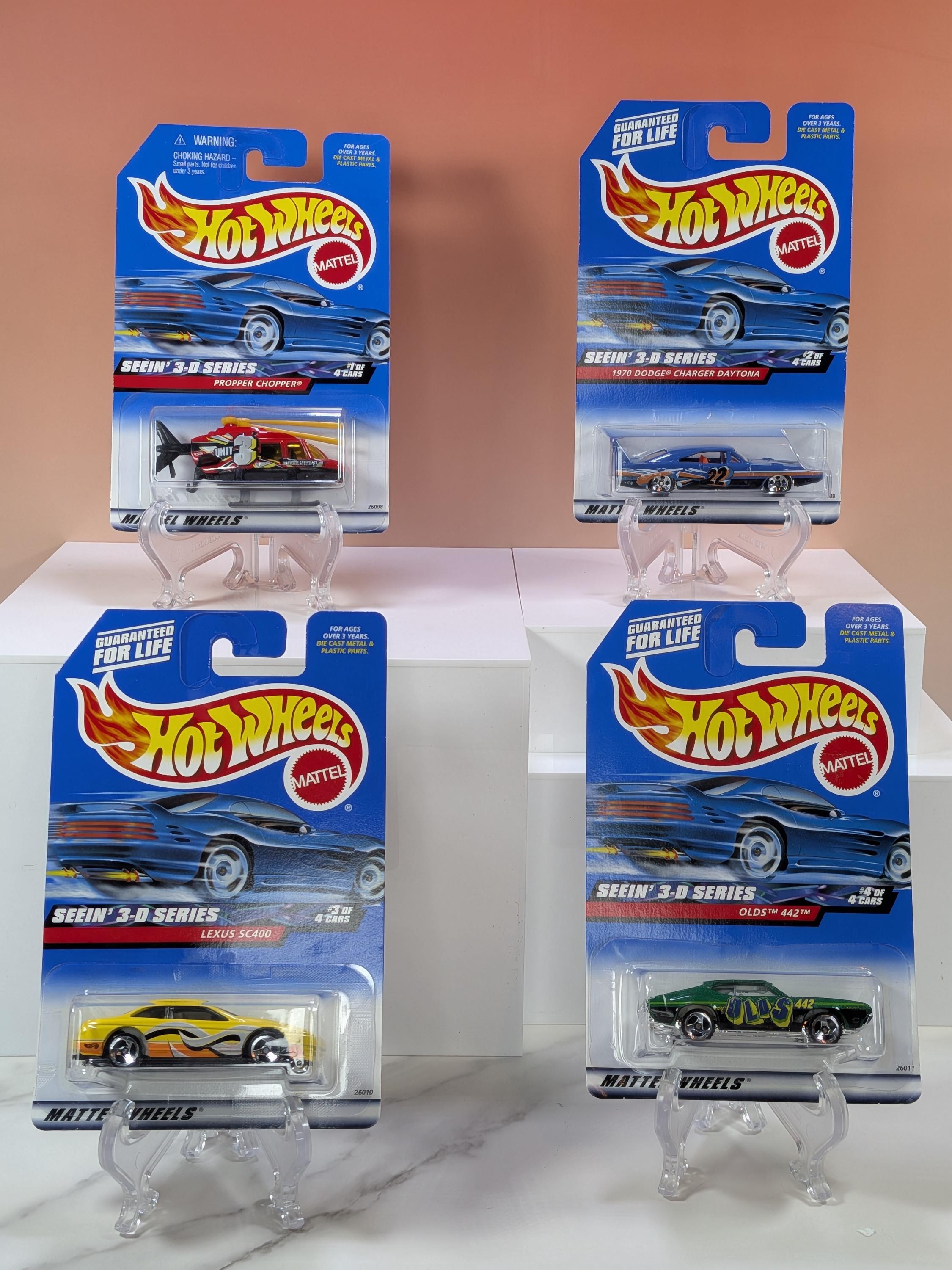 Hot Wheels Seein' 3-D Series complete set of 4, vintage 2000 diecast NIB