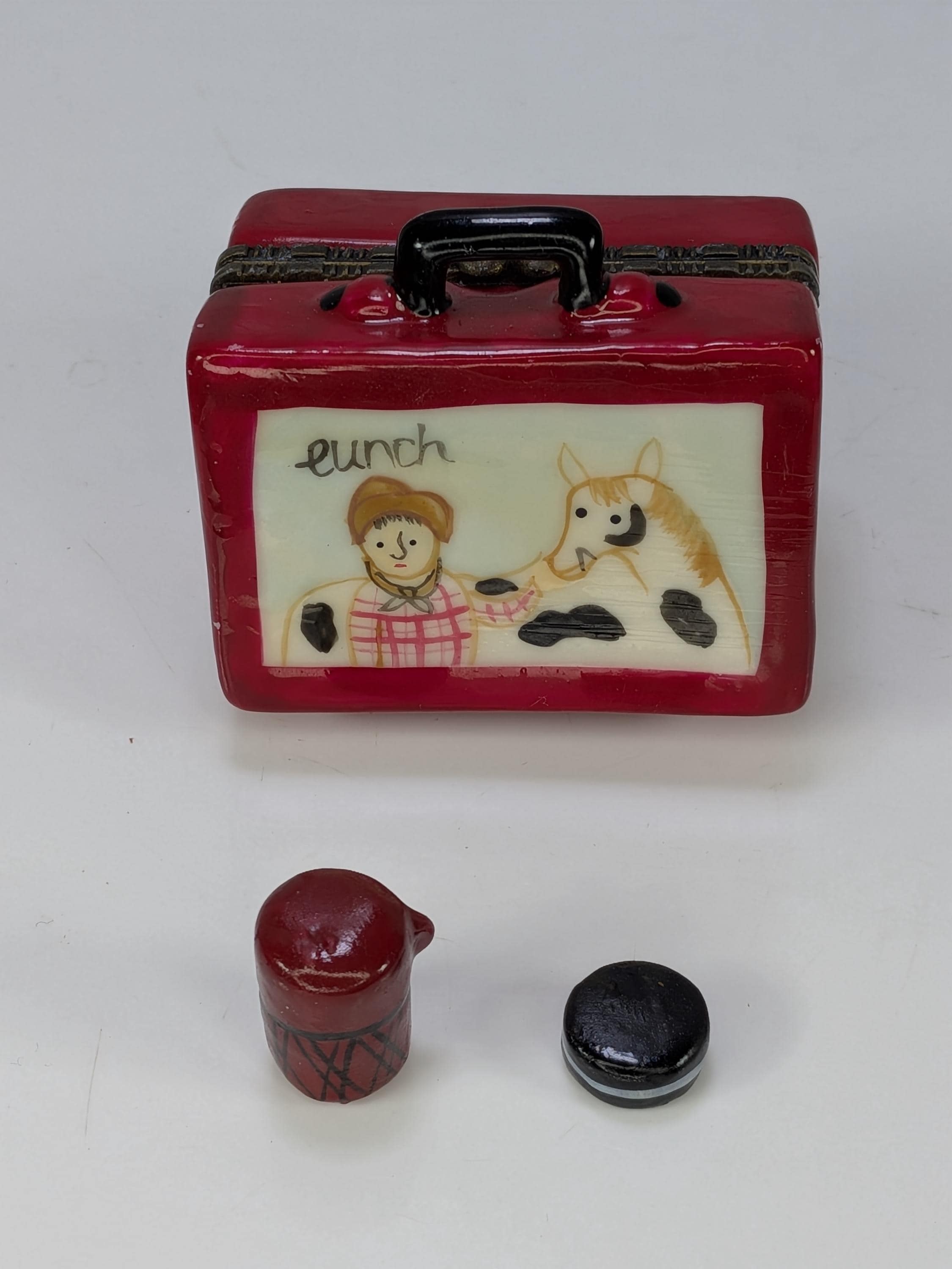 RARE Vintage Cowboy & Horse Porcelain Hinged Trinket Box - Hand-Painted Lunchbox with Mini Thermos and Oreo Cookie - Secure Clasp and Hinge