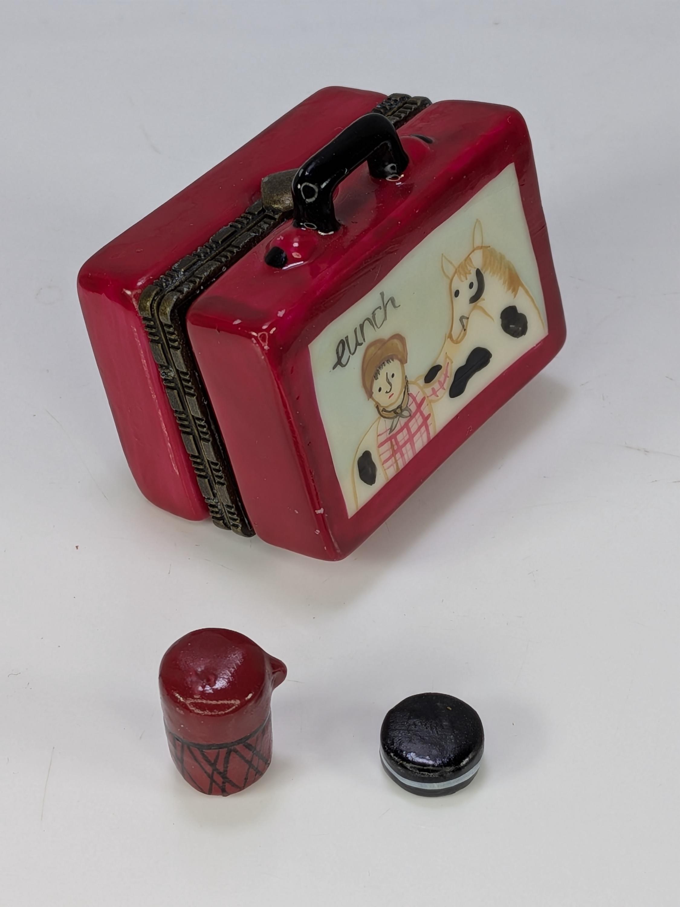 RARE Vintage Cowboy & Horse Porcelain Hinged Trinket Box - Hand-Painted Lunchbox with Mini Thermos and Oreo Cookie - Secure Clasp and Hinge view 2