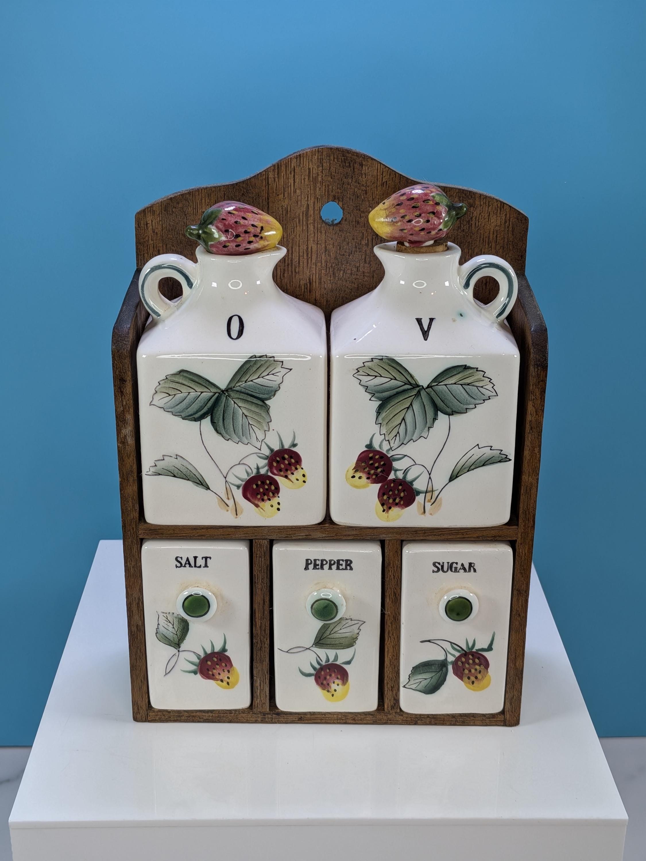 Vintage 1950s Fred Roberts Co. Japan Strawberry Spice Rack COMPLETE 6-Piece Ceramic Cruet Set & Wood Shelf MCM Cottagecore Kitchen Decor