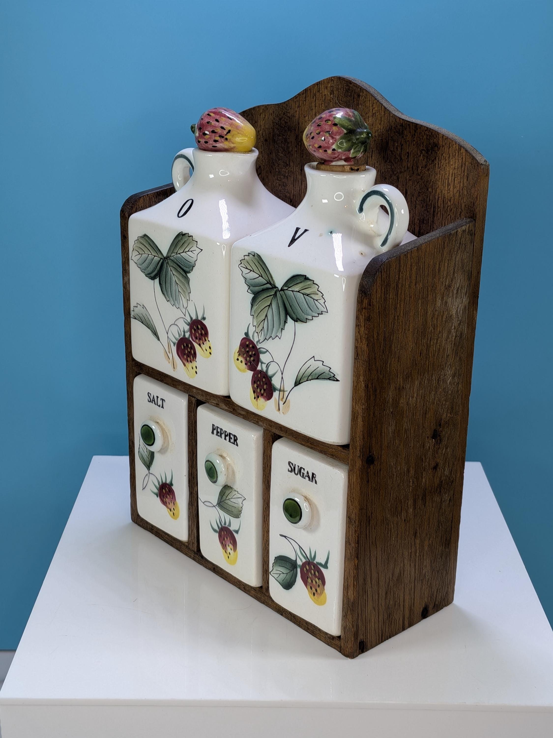 Vintage 1950s Fred Roberts Co. Japan Strawberry Spice Rack COMPLETE 6-Piece Ceramic Cruet Set & Wood Shelf MCM Cottagecore Kitchen Decor view 2