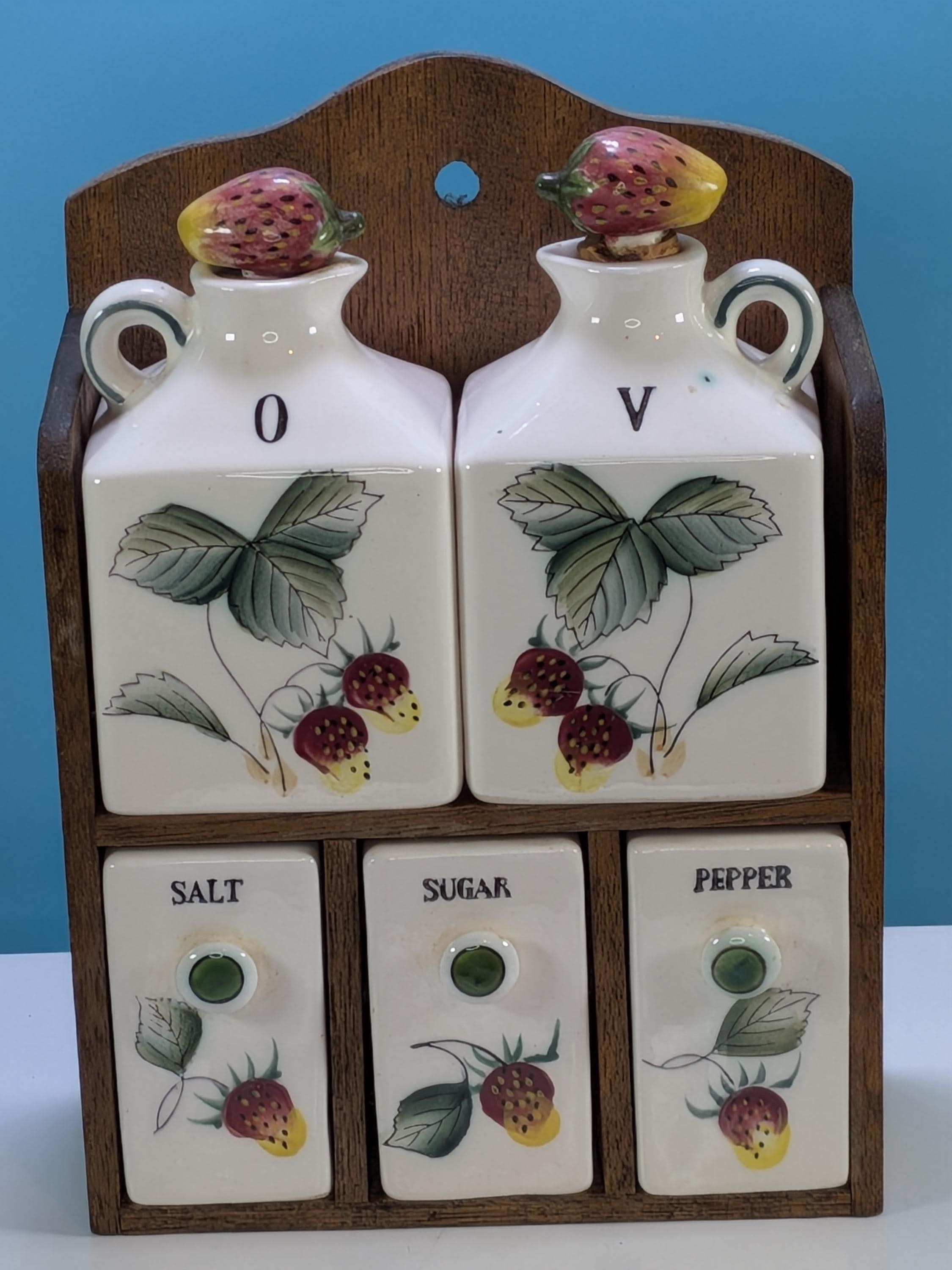 Vintage 1950s Fred Roberts Co. Japan Strawberry Spice Rack COMPLETE 6-Piece Ceramic Cruet Set & Wood Shelf MCM Cottagecore Kitchen Decor view 13