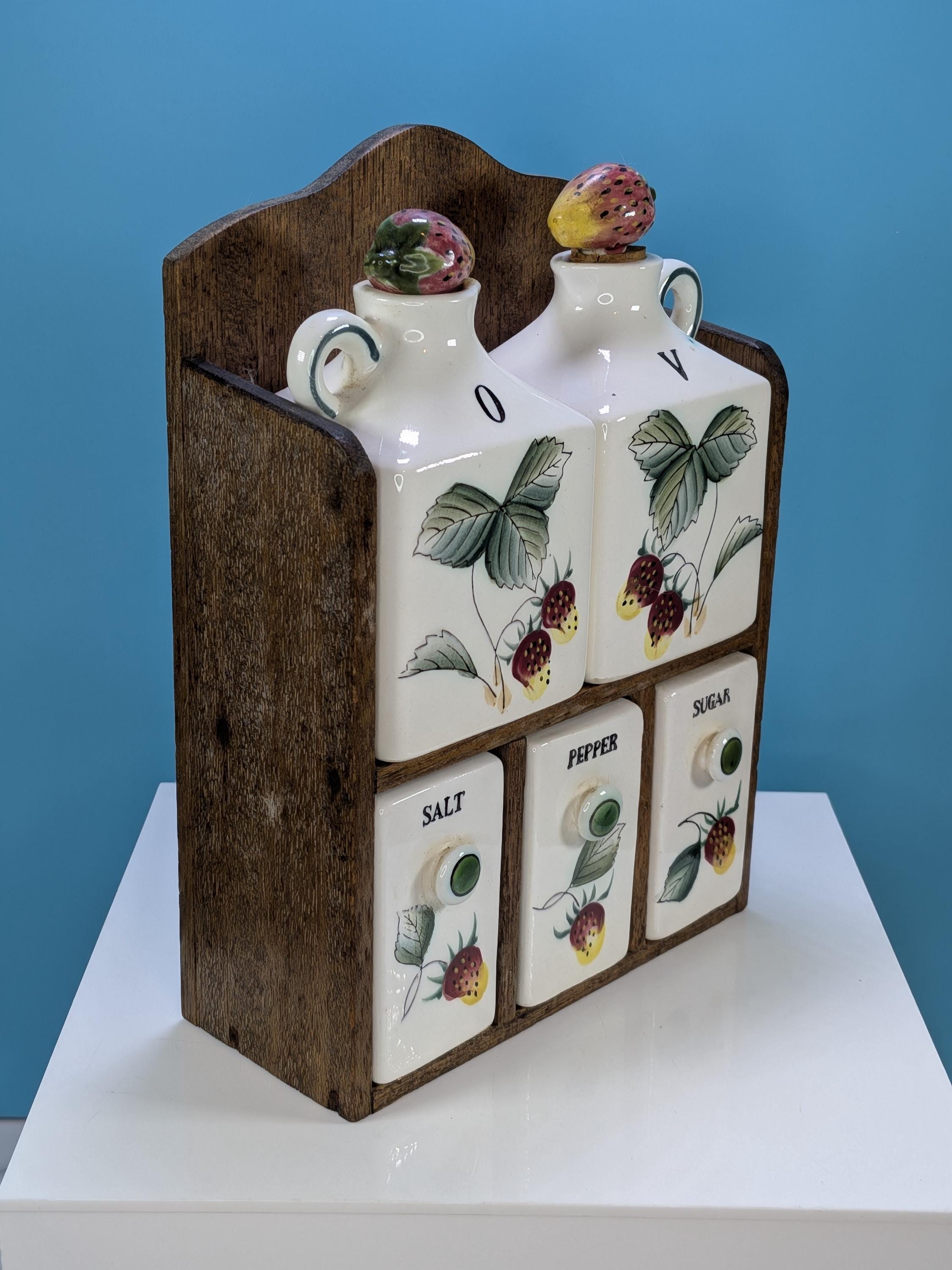 Vintage 1950s Fred Roberts Co. Japan Strawberry Spice Rack COMPLETE 6-Piece Ceramic Cruet Set & Wood Shelf MCM Cottagecore Kitchen Decor view 3
