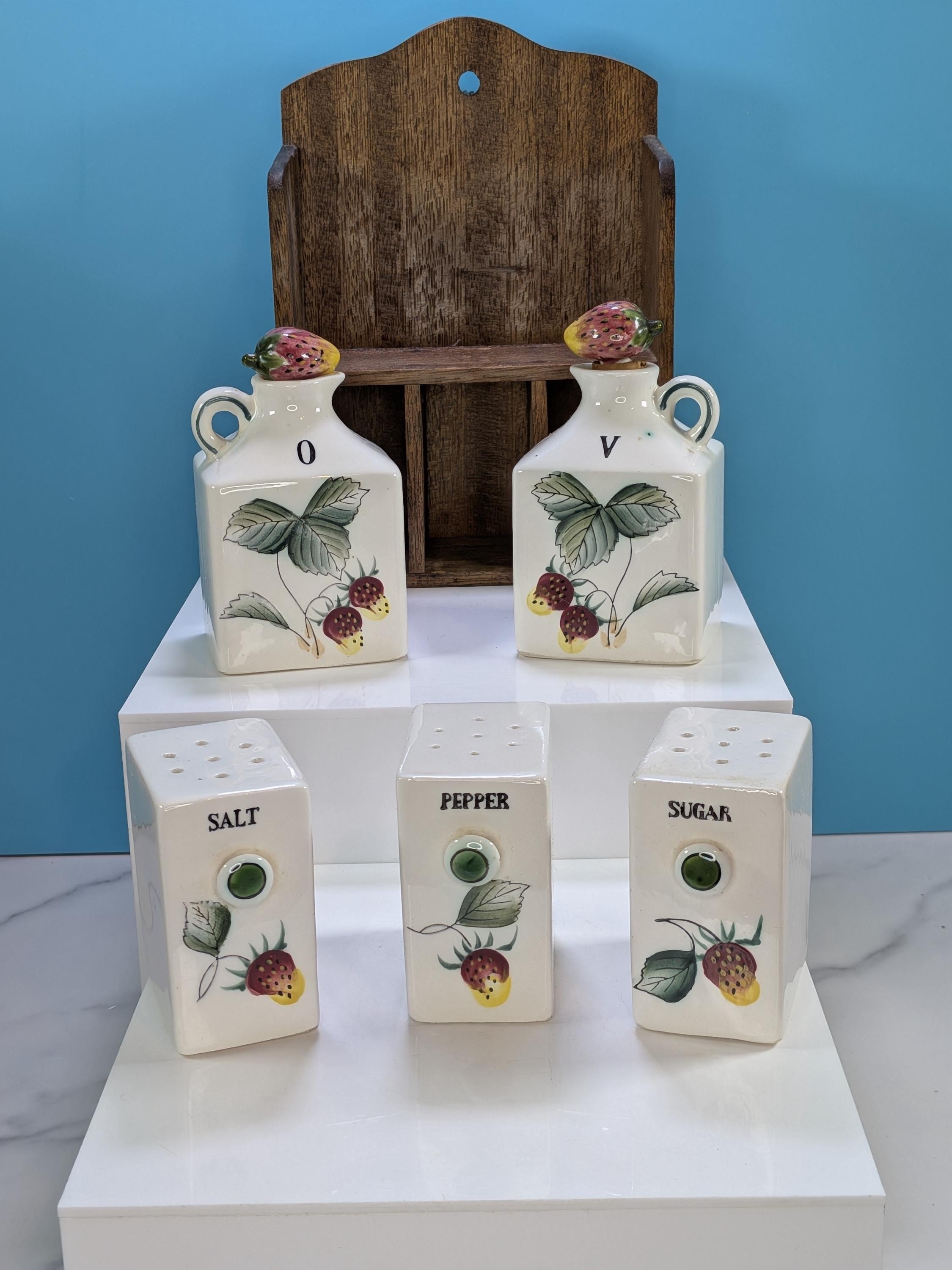 Vintage 1950s Fred Roberts Co. Japan Strawberry Spice Rack COMPLETE 6-Piece Ceramic Cruet Set & Wood Shelf MCM Cottagecore Kitchen Decor view 7