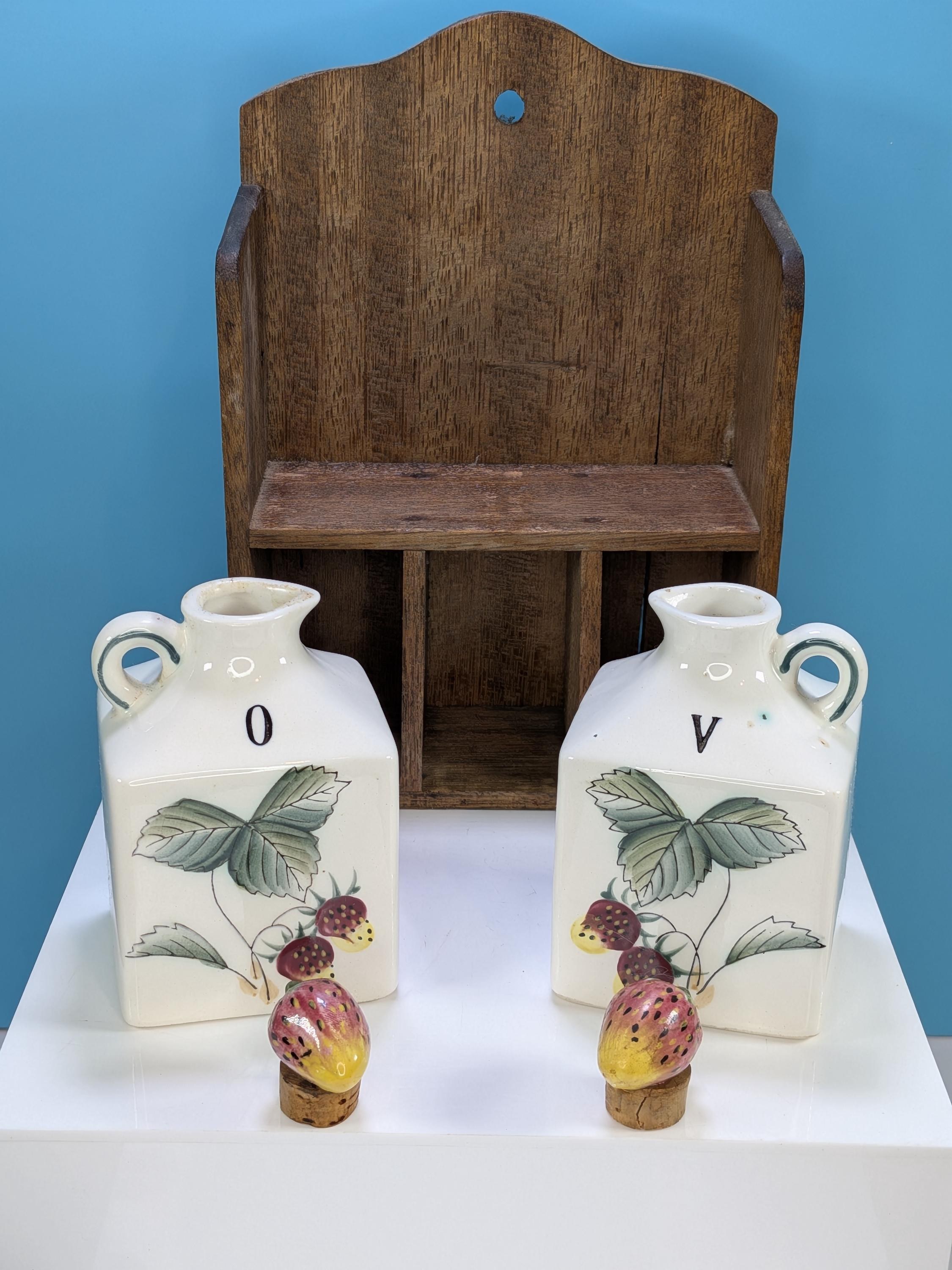 Vintage 1950s Fred Roberts Co. Japan Strawberry Spice Rack COMPLETE 6-Piece Ceramic Cruet Set & Wood Shelf MCM Cottagecore Kitchen Decor view 8