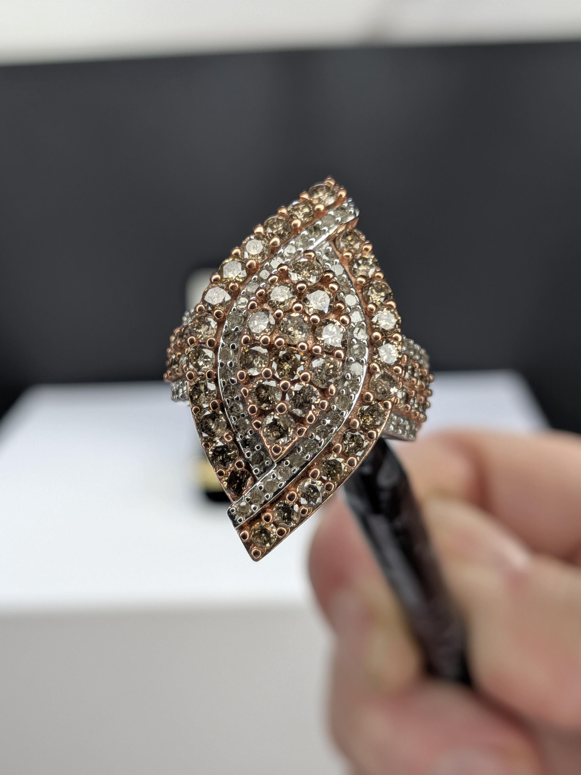 Vintage 10K Two-Tone Gold Champagne REAL Diamond Shield Ring