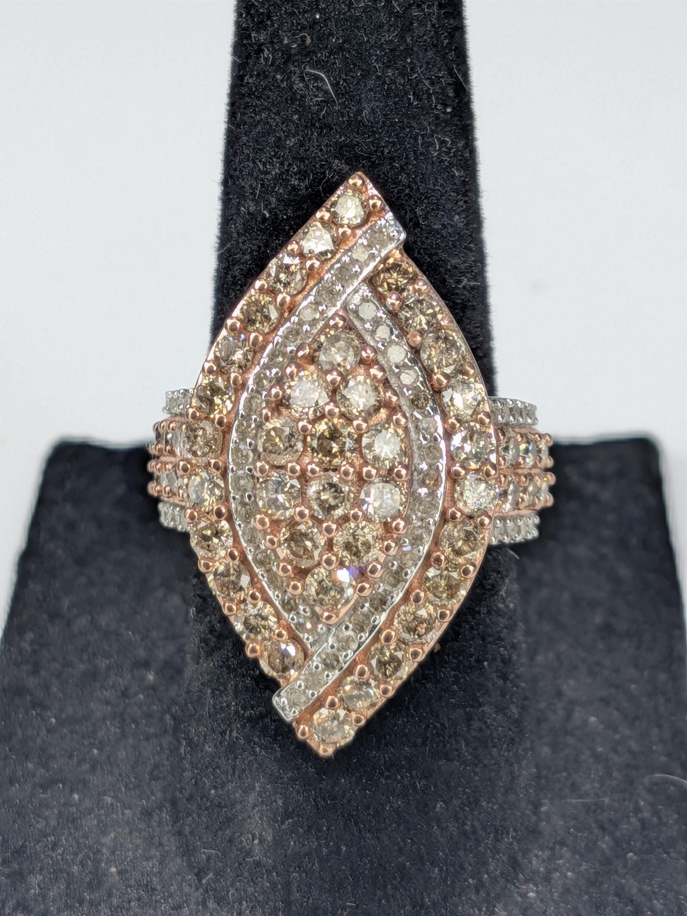 Vintage 10K Two-Tone Gold Champagne REAL Diamond Shield Ring view 2