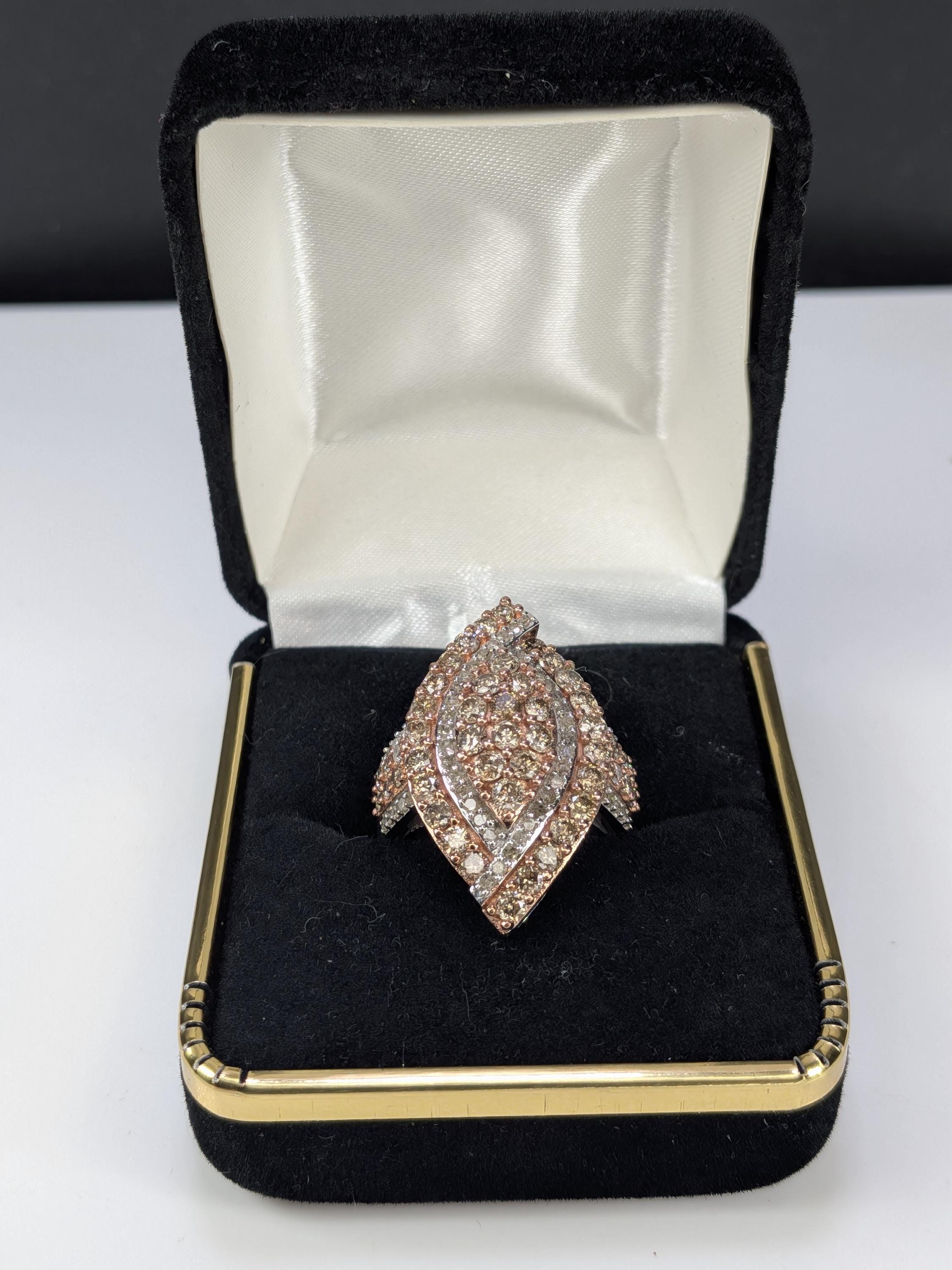 Vintage 10K Two-Tone Gold Champagne REAL Diamond Shield Ring view 4
