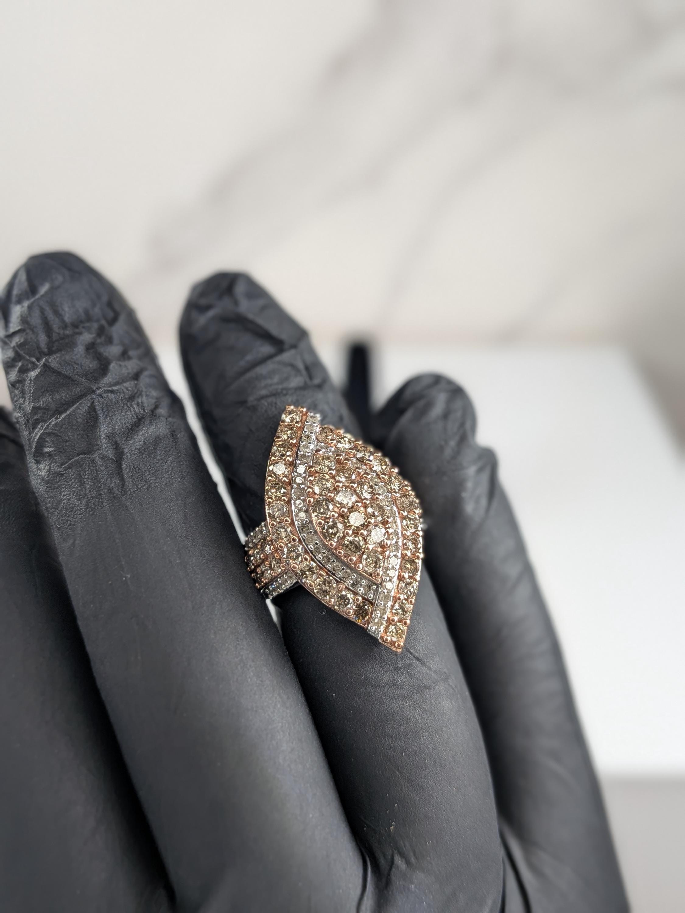 Vintage 10K Two-Tone Gold Champagne REAL Diamond Shield Ring view 6