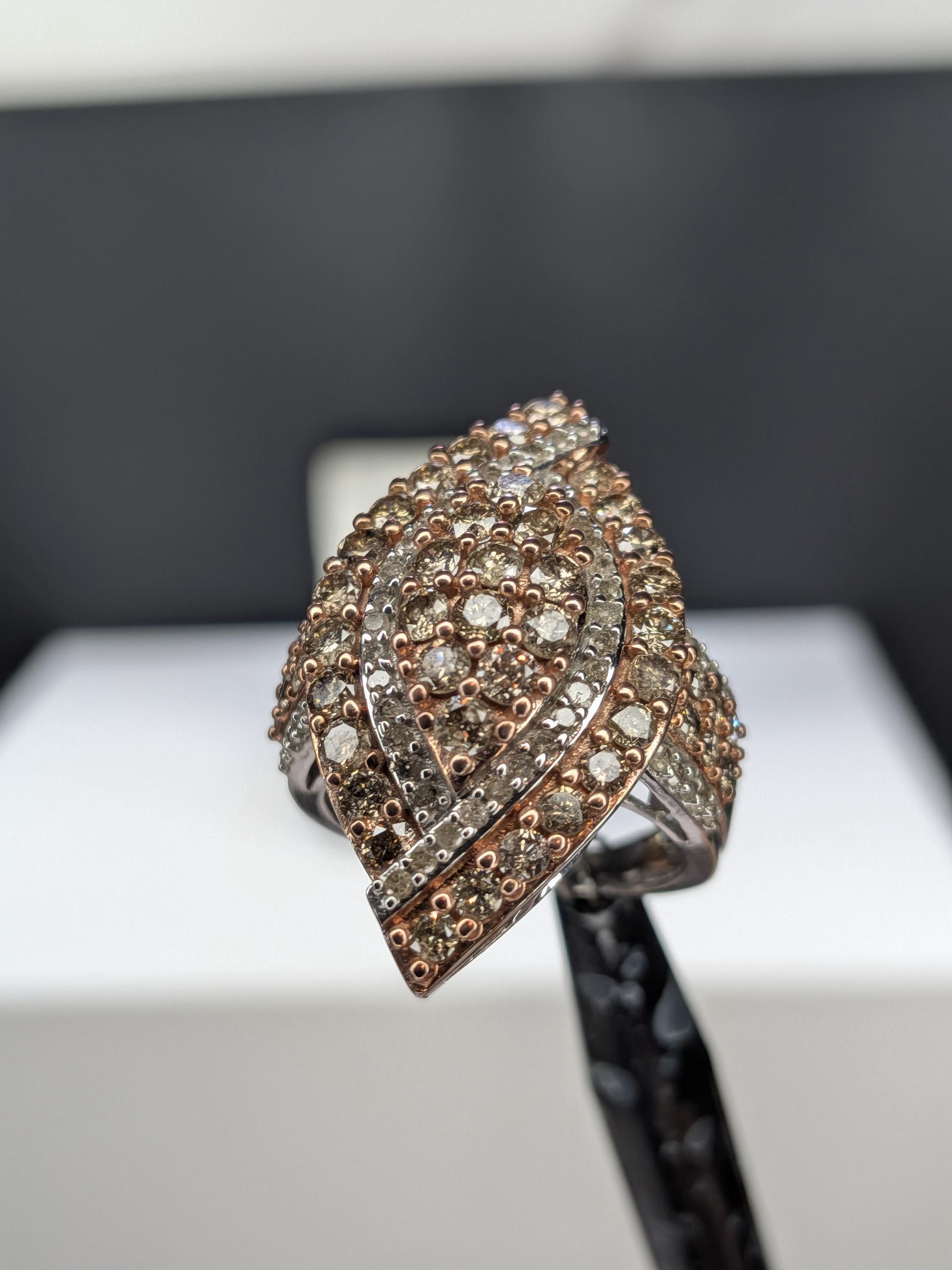 Vintage 10K Two-Tone Gold Champagne REAL Diamond Shield Ring view 10