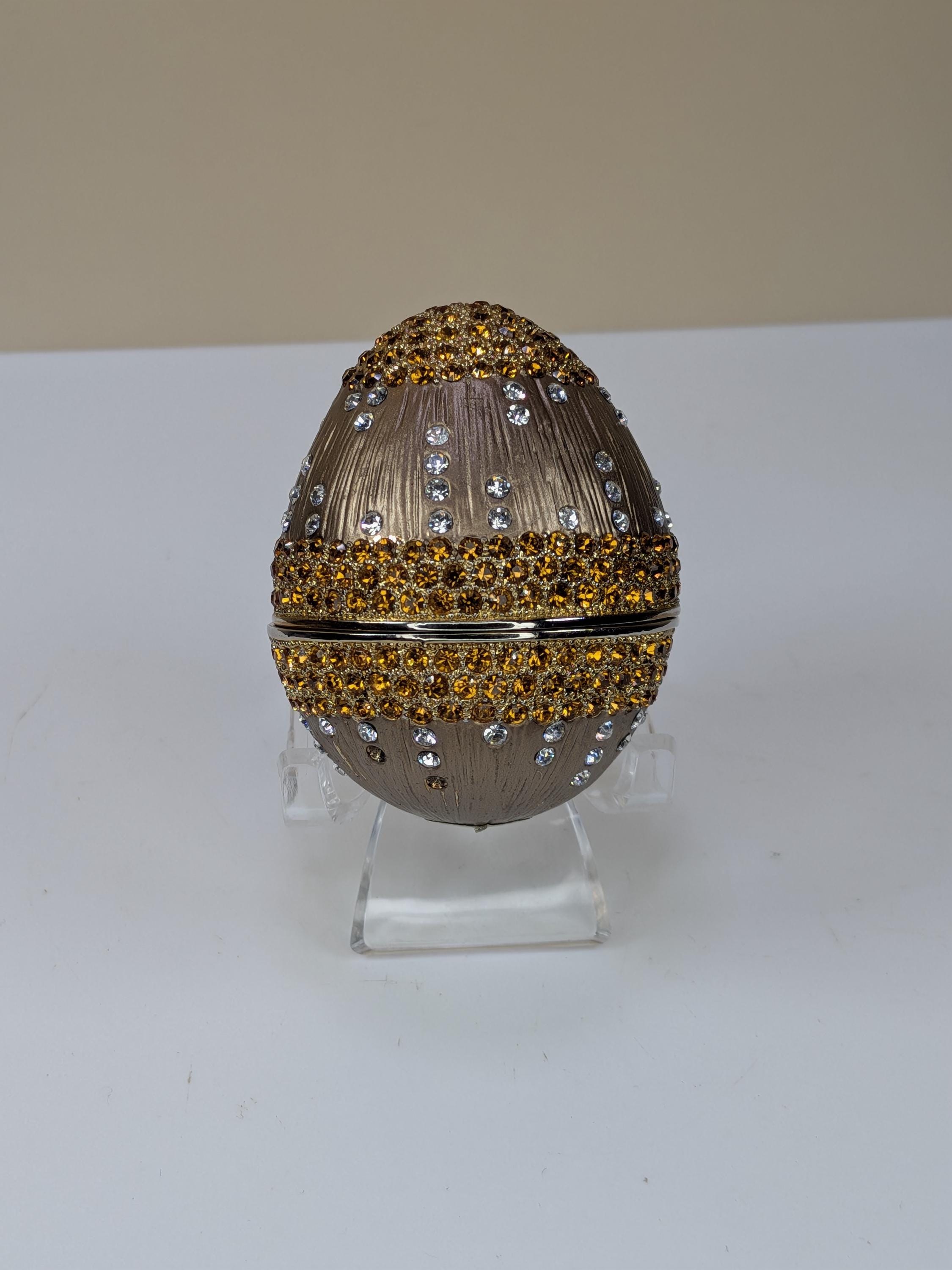 Vintage Faberge Style Enamel Trinket Box Egg with Crystals & Stand - Hinged Magnetic Jewelry Box Collectible Home Decor Gift