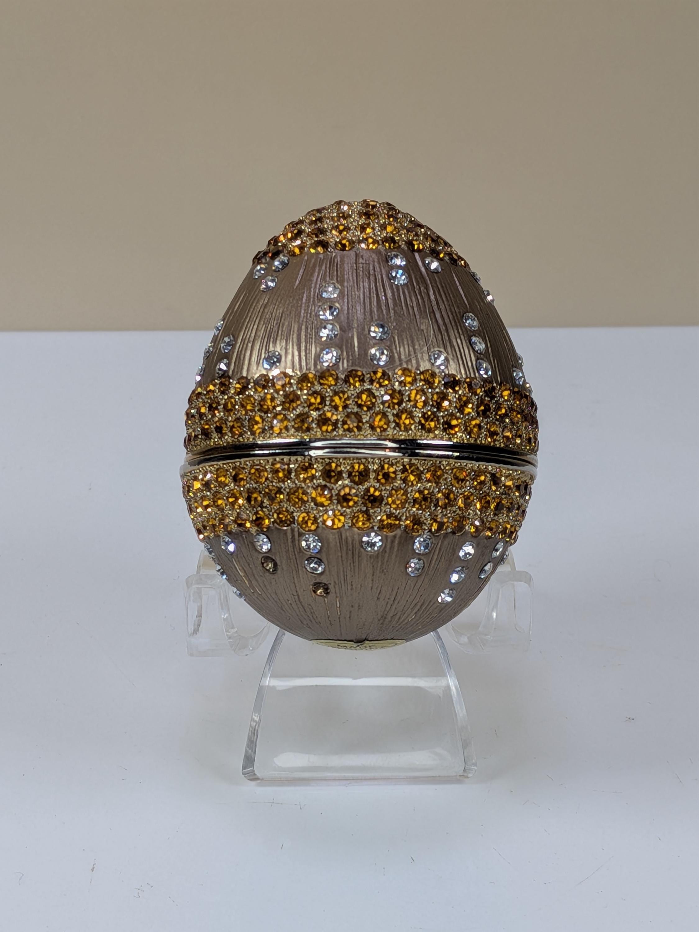 Vintage Faberge Style Enamel Trinket Box Egg with Crystals & Stand - Hinged Magnetic Jewelry Box Collectible Home Decor Gift view 2