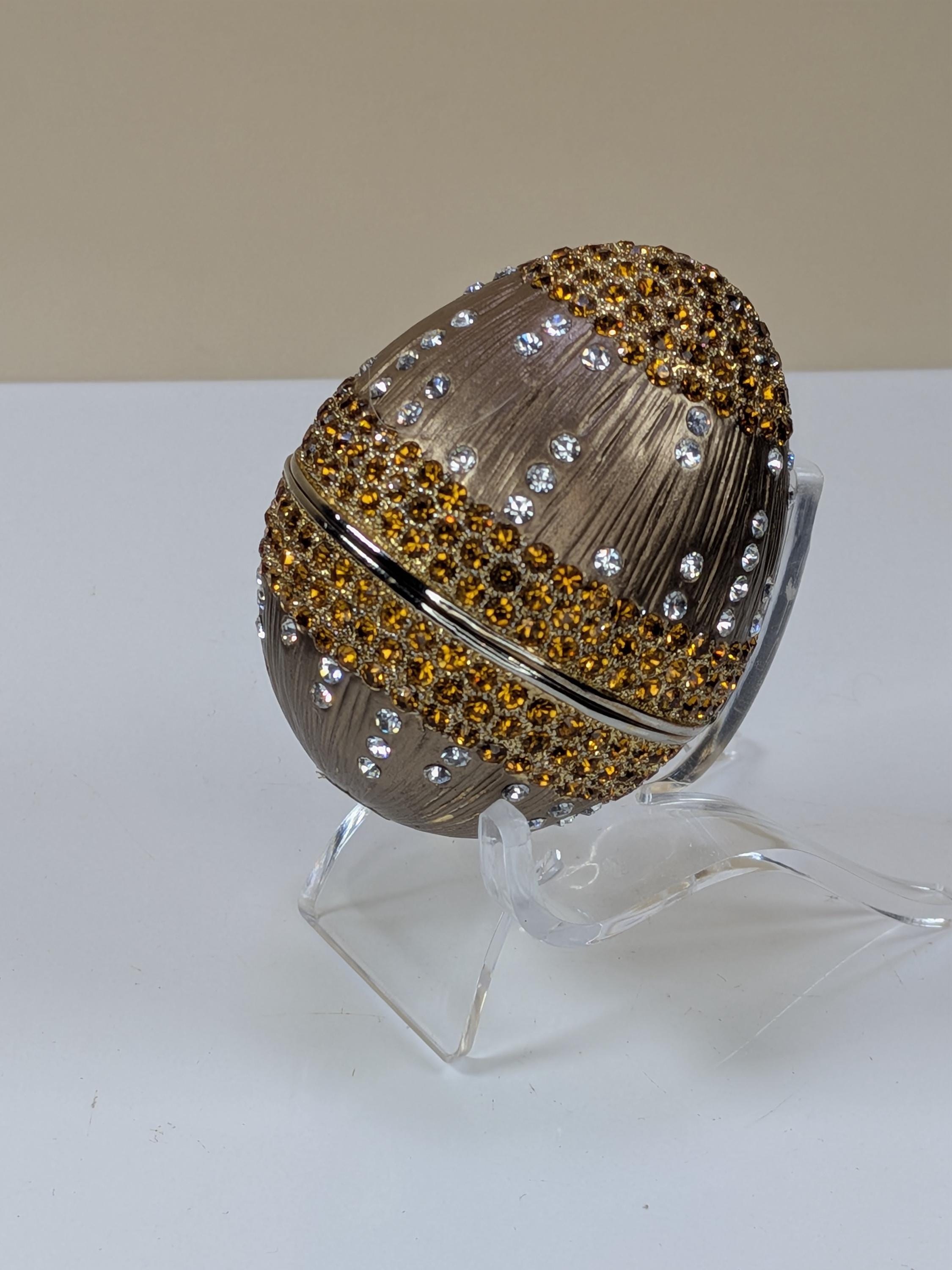 Vintage Faberge Style Enamel Trinket Box Egg with Crystals & Stand - Hinged Magnetic Jewelry Box Collectible Home Decor Gift view 3