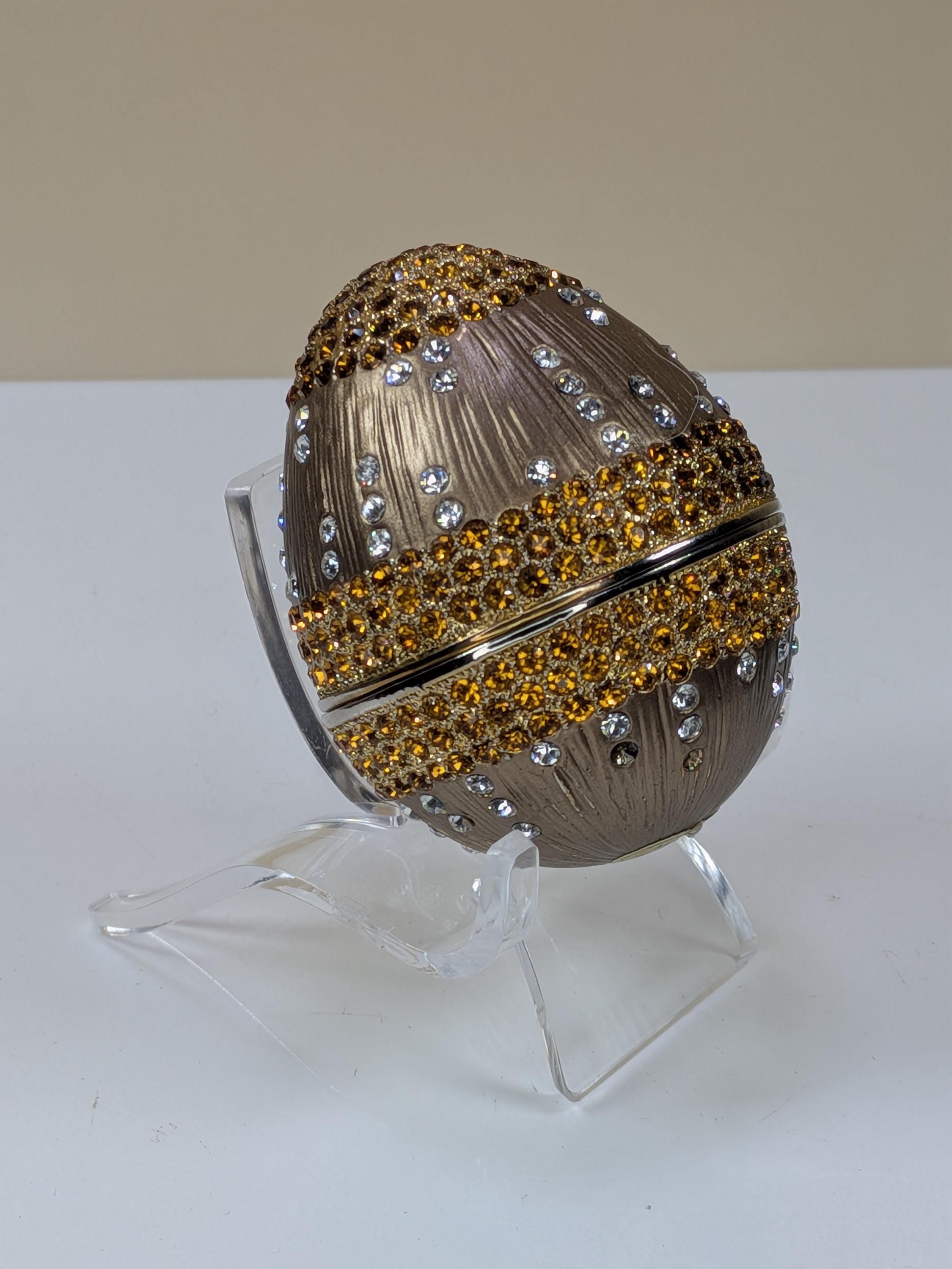 Vintage Faberge Style Enamel Trinket Box Egg with Crystals & Stand - Hinged Magnetic Jewelry Box Collectible Home Decor Gift view 4