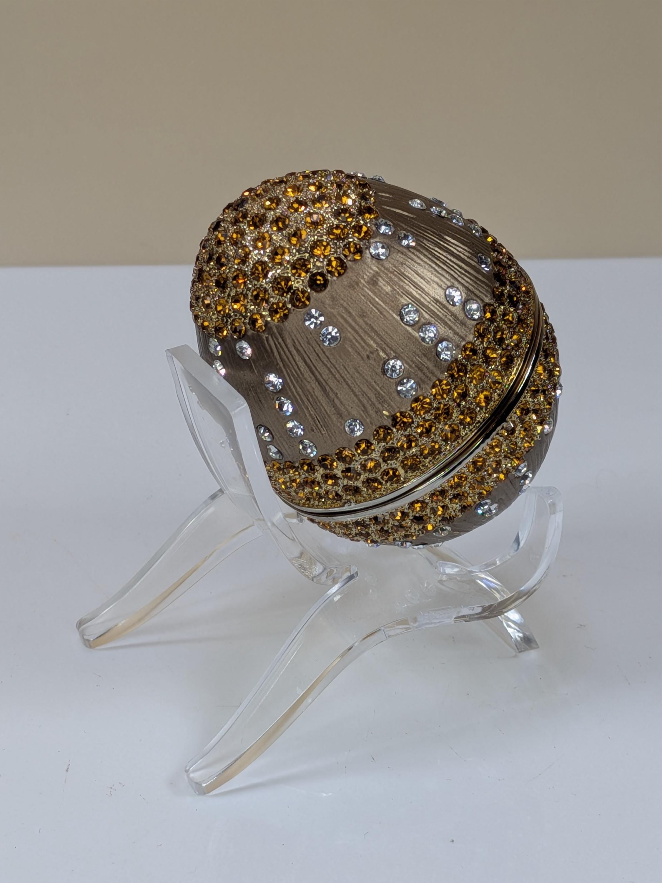 Vintage Faberge Style Enamel Trinket Box Egg with Crystals & Stand - Hinged Magnetic Jewelry Box Collectible Home Decor Gift view 5