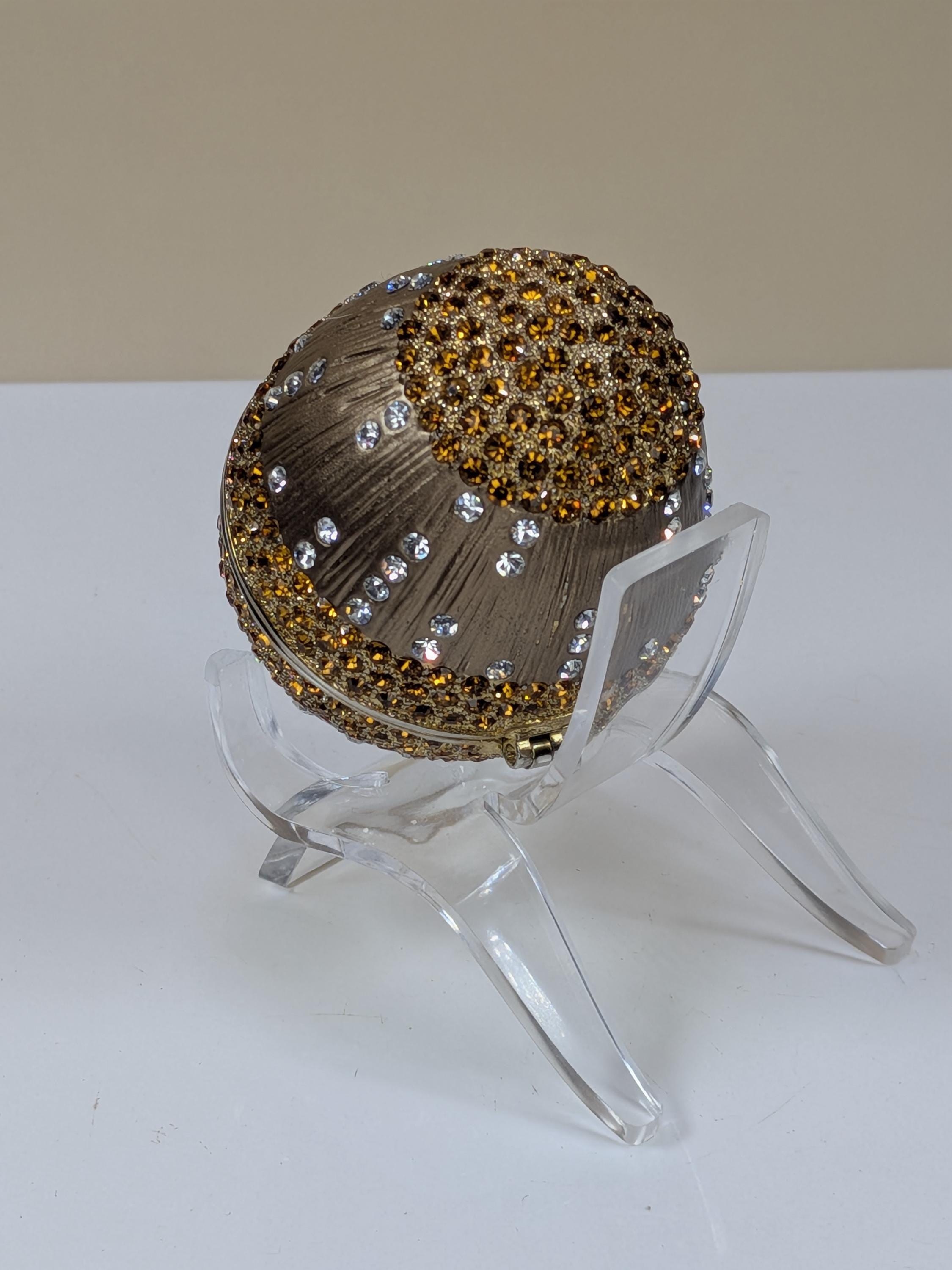 Vintage Faberge Style Enamel Trinket Box Egg with Crystals & Stand - Hinged Magnetic Jewelry Box Collectible Home Decor Gift view 6