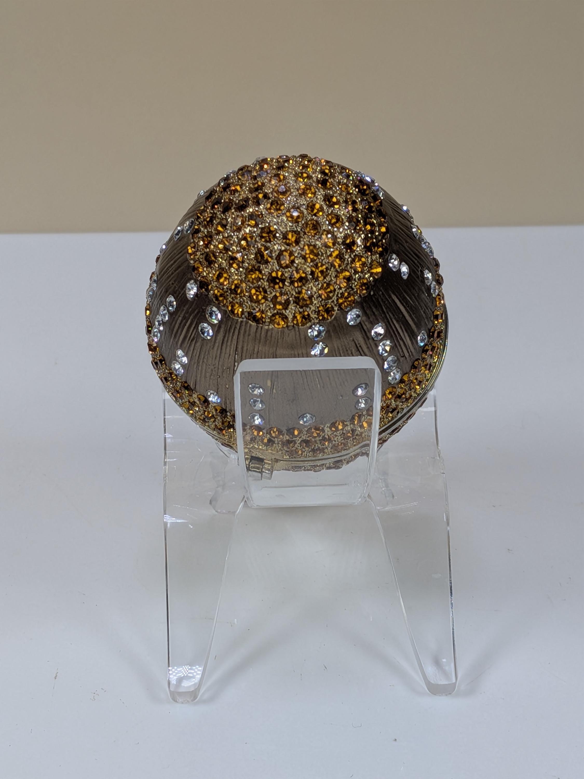 Vintage Faberge Style Enamel Trinket Box Egg with Crystals & Stand - Hinged Magnetic Jewelry Box Collectible Home Decor Gift view 7