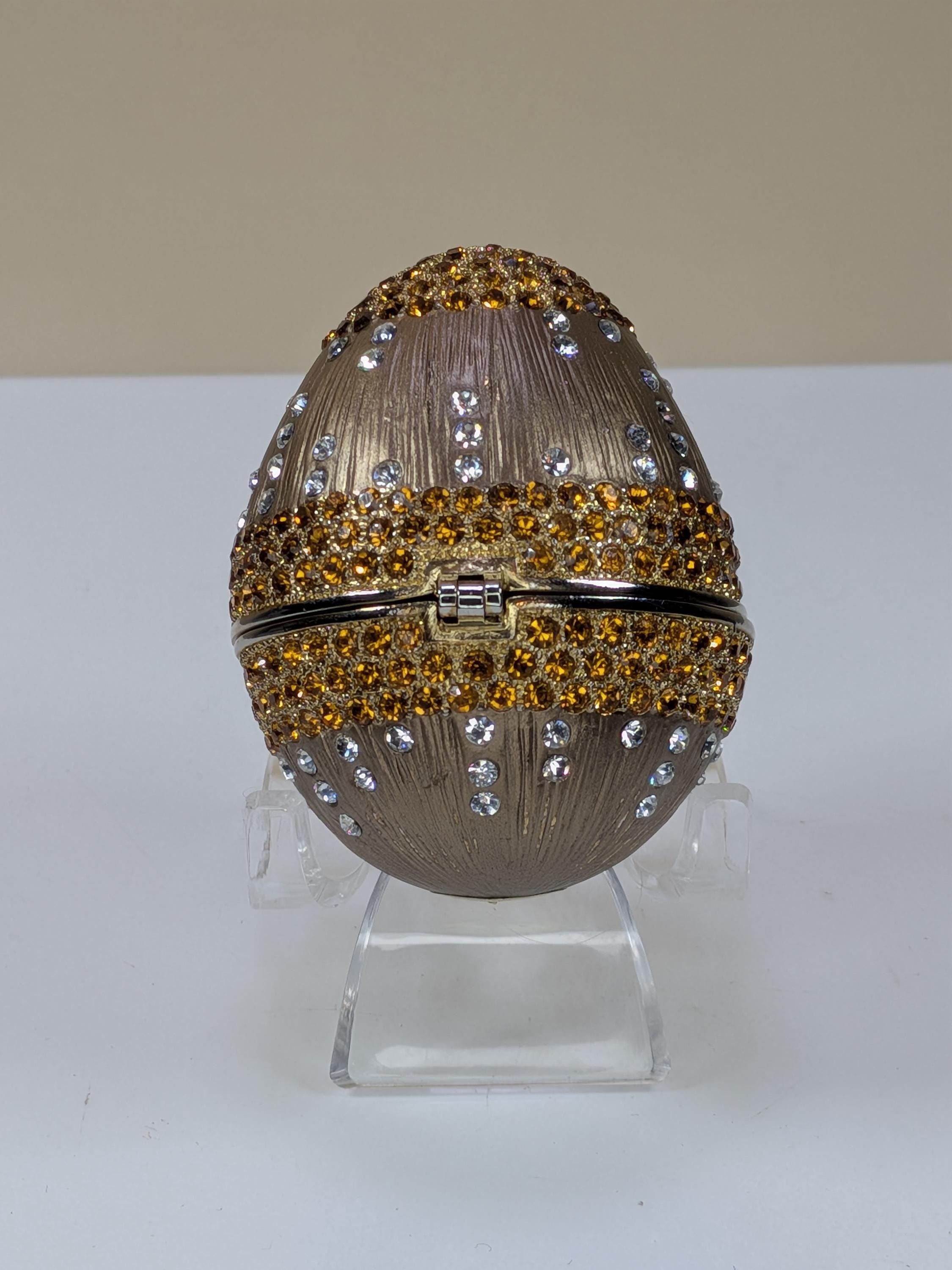 Vintage Faberge Style Enamel Trinket Box Egg with Crystals & Stand - Hinged Magnetic Jewelry Box Collectible Home Decor Gift view 10