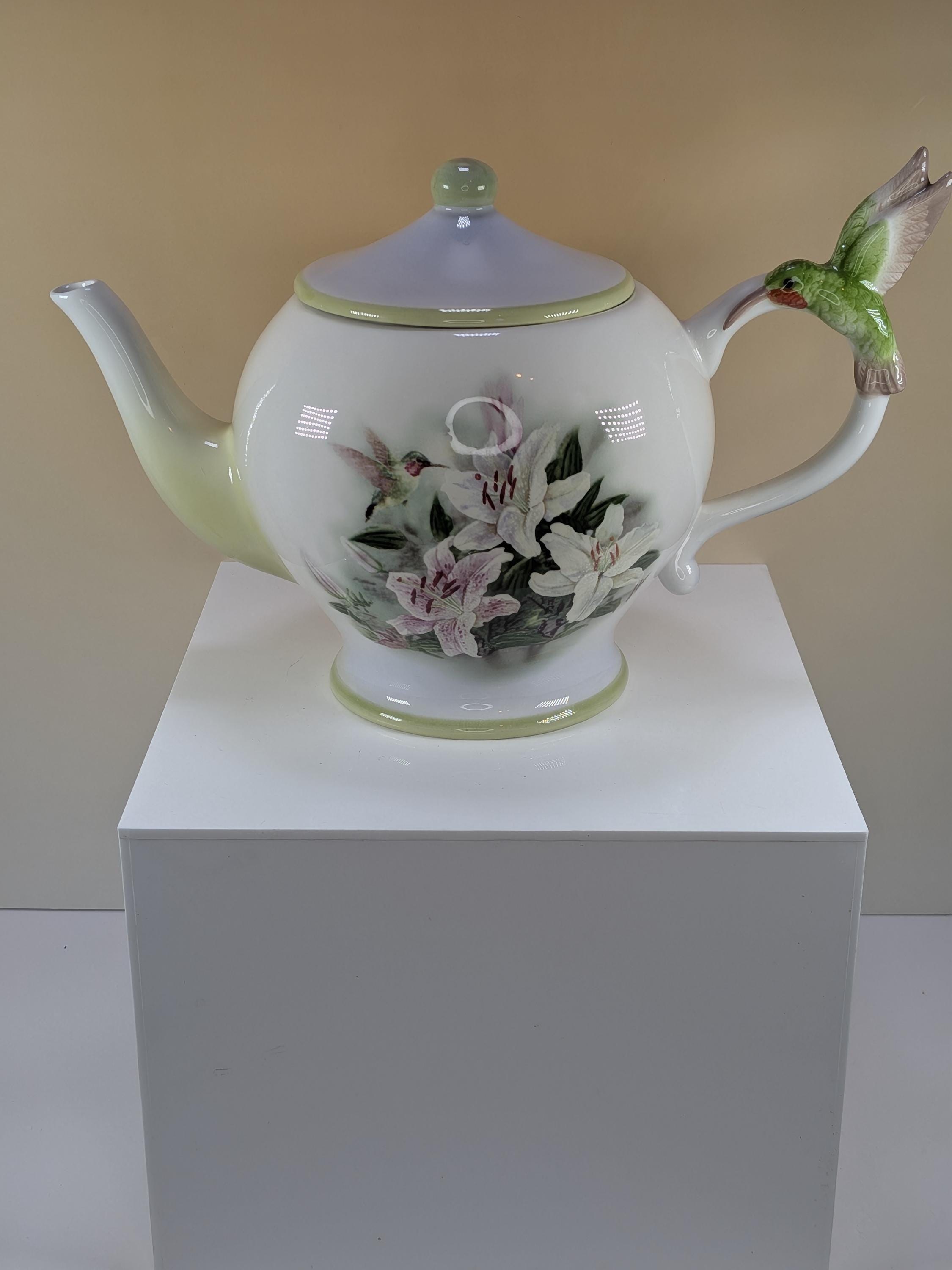 Vintage Lena Liu Hummingbird and Lilies Teapot - Teleflora Fine Porcelain Floral Tea Pot - Hand Painted Style - Collectible Kitchen Decor