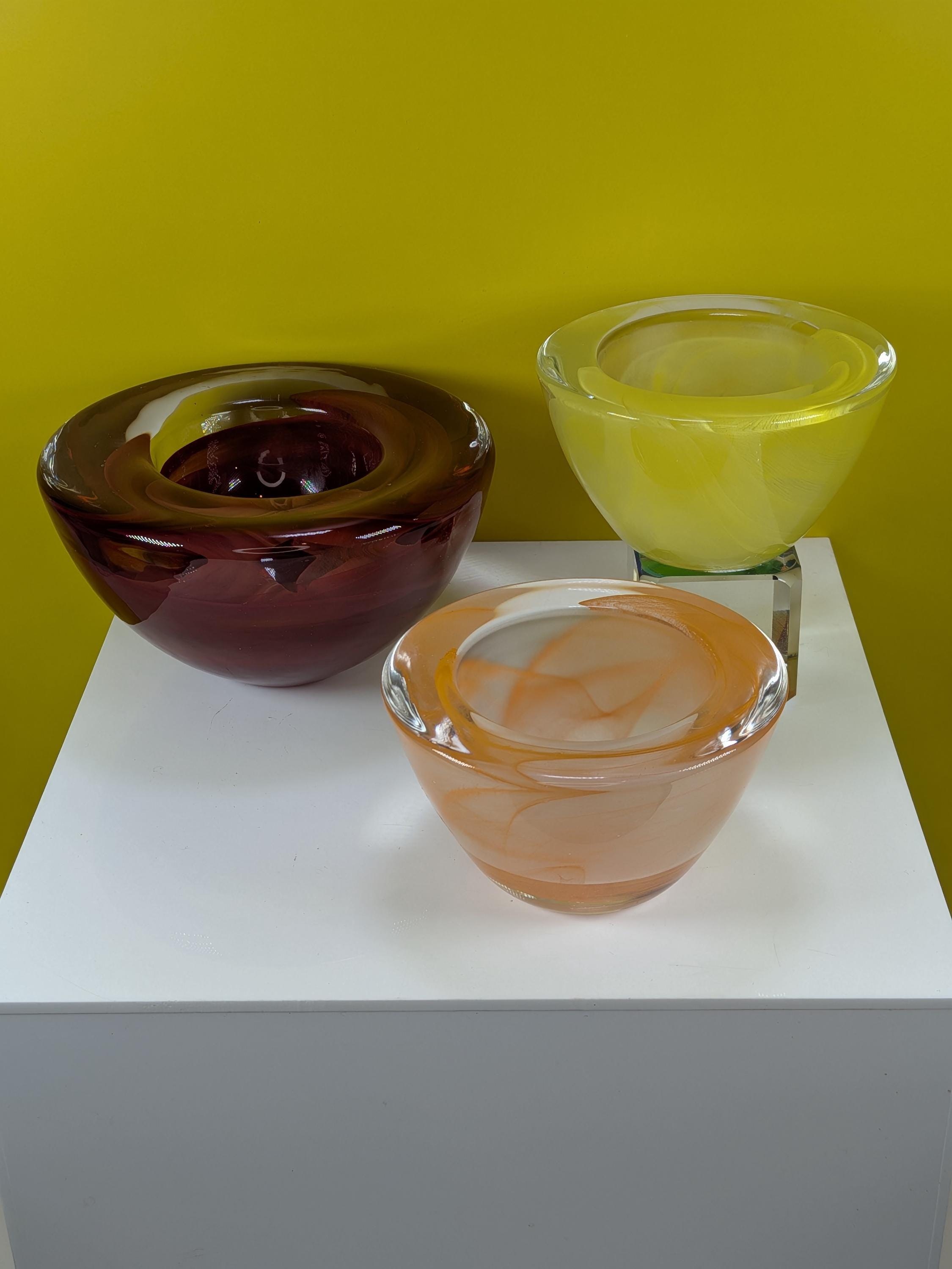 Vintage Kosta Boda Atoll Art Glass Bowl Votive Set Anna Ehrner Swedish Hand Blown Swirl Crystal Set of 3 Colorful MCM Home Decor