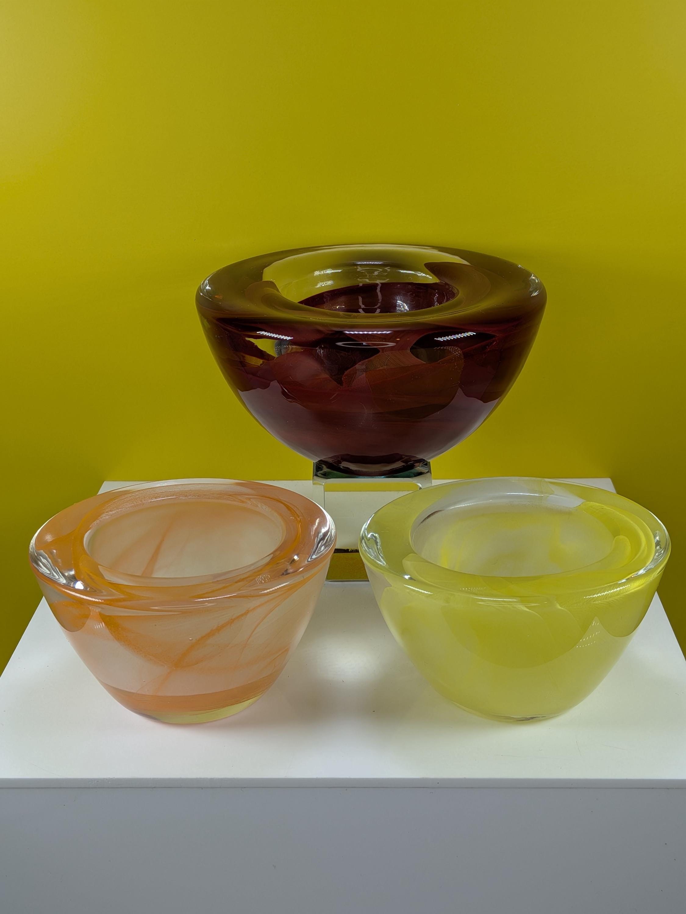 Vintage Kosta Boda Atoll Art Glass Bowl Votive Set Anna Ehrner Swedish Hand Blown Swirl Crystal Set of 3 Colorful MCM Home Decor view 2