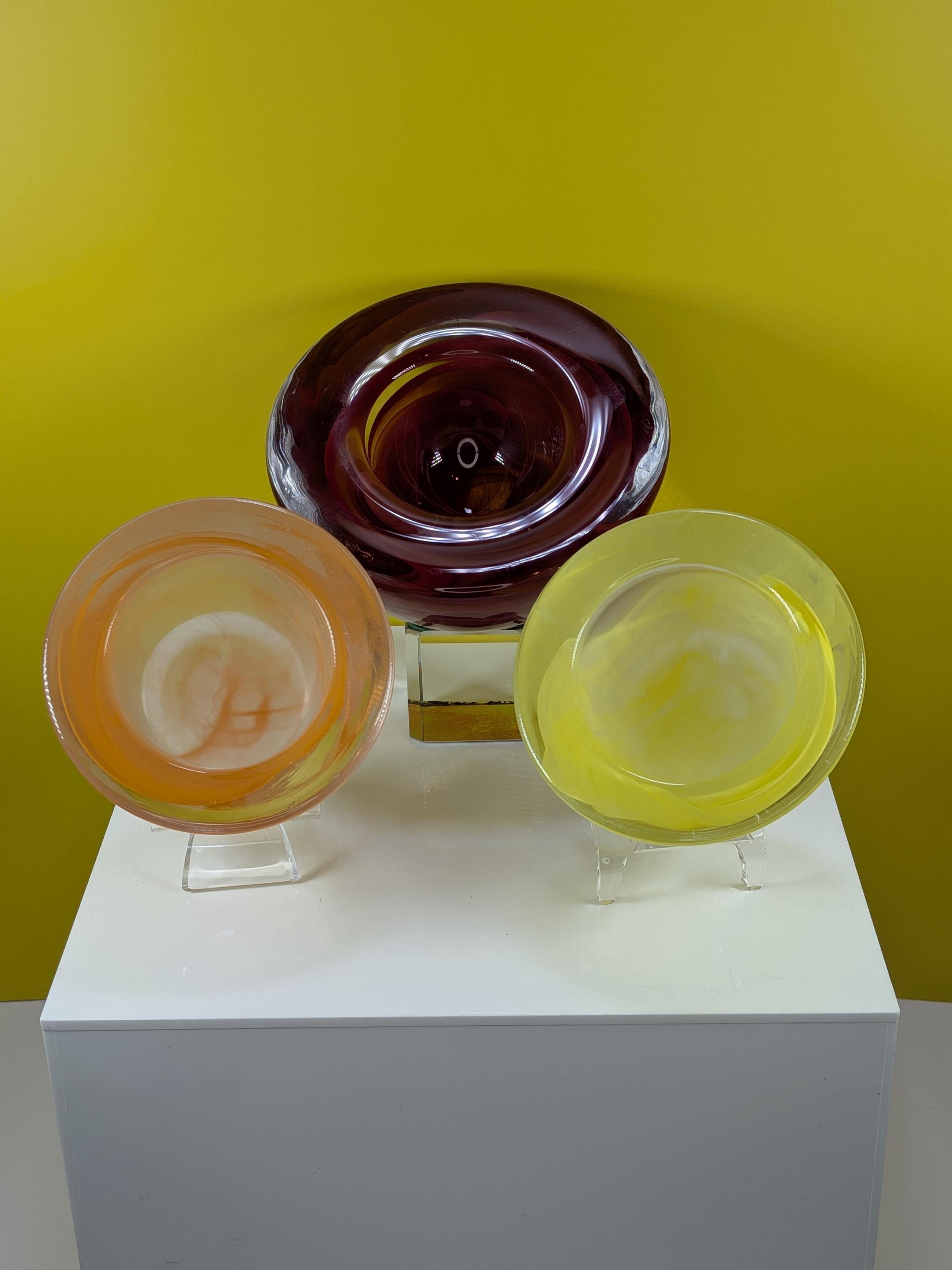 Vintage Kosta Boda Atoll Art Glass Bowl Votive Set Anna Ehrner Swedish Hand Blown Swirl Crystal Set of 3 Colorful MCM Home Decor view 3