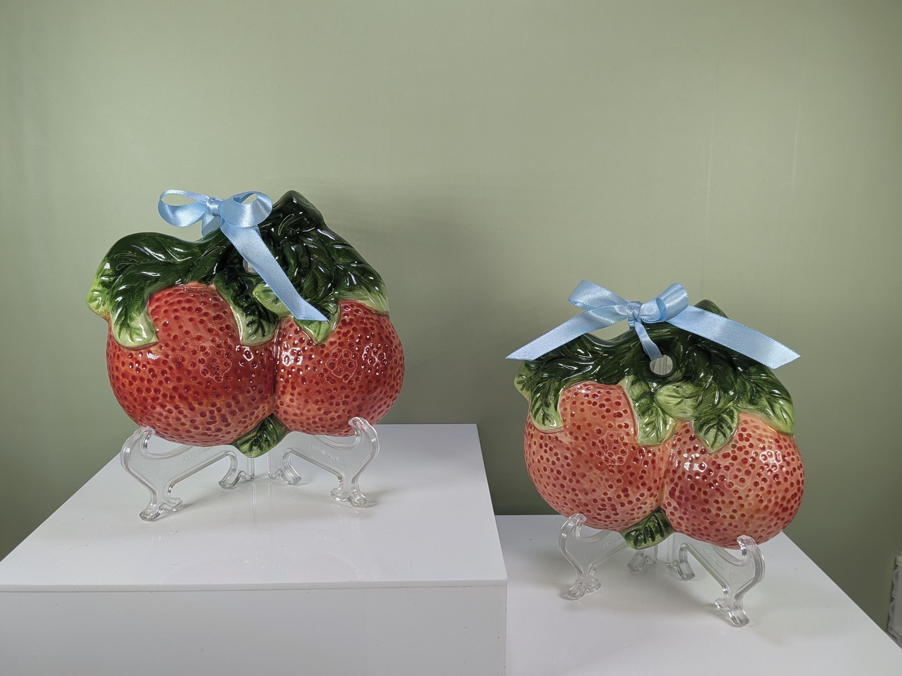 Vintage Mid Century Modern Ceramic Fruit Wall Plaques Set of 4 Retro 3D Hand Painted Strawberry and Apple Kitchen Wall Decor 1970s view 2