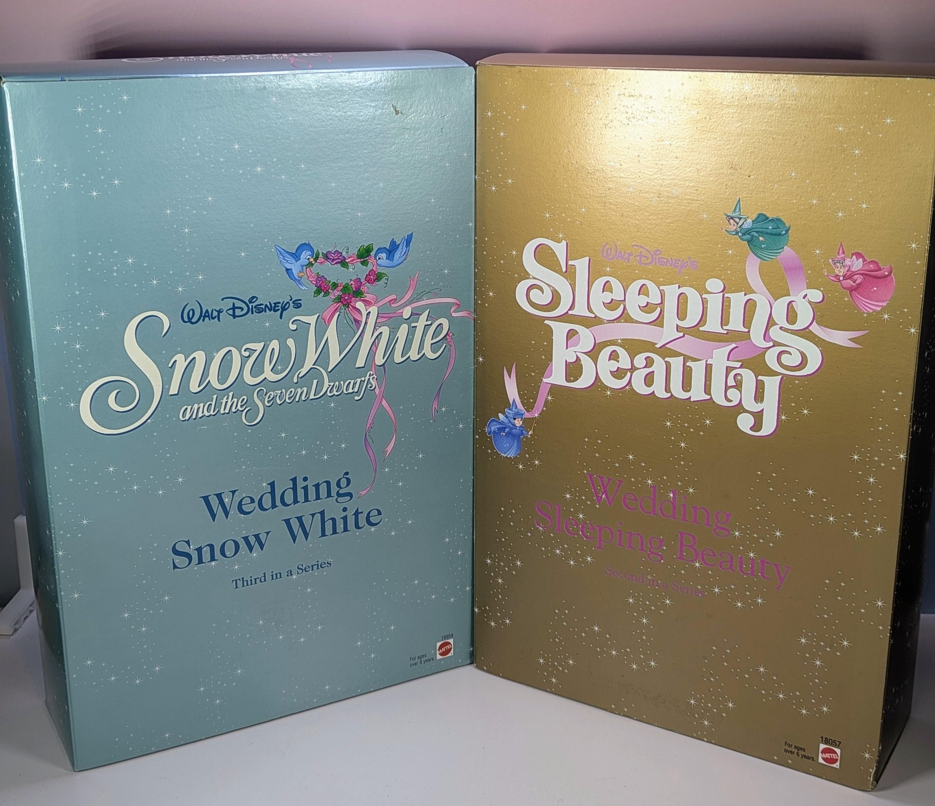 Vintage 1997 Mattel Disney Wedding Barbie Doll Set Sleeping Beauty Aurora and Snow White Collector Edition NIB NRFB view 2