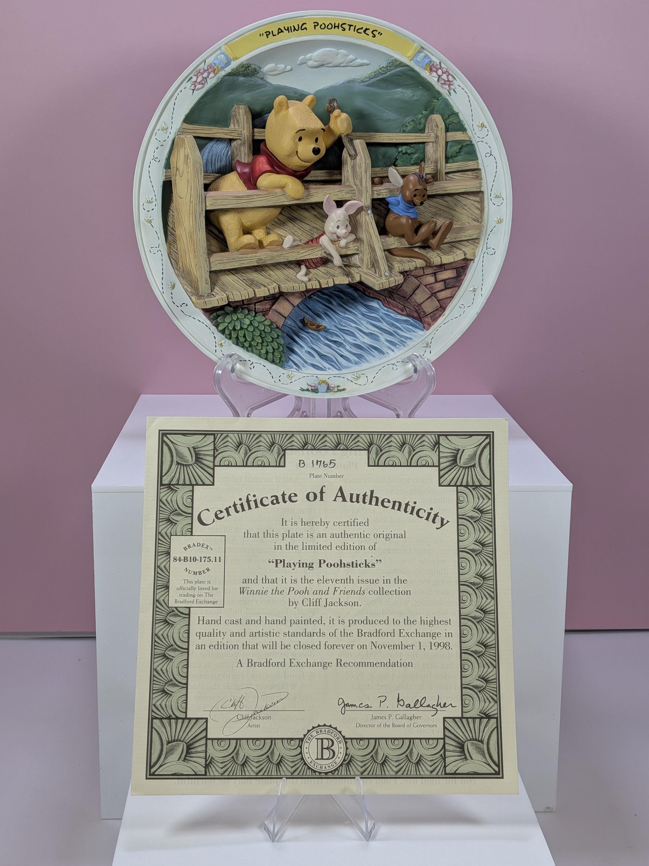 Vintage 1996 Bradford Exchange Disney Winnie the Pooh 3D Sculptural Collector Plate Playing Poohsticks with COA and Original Box