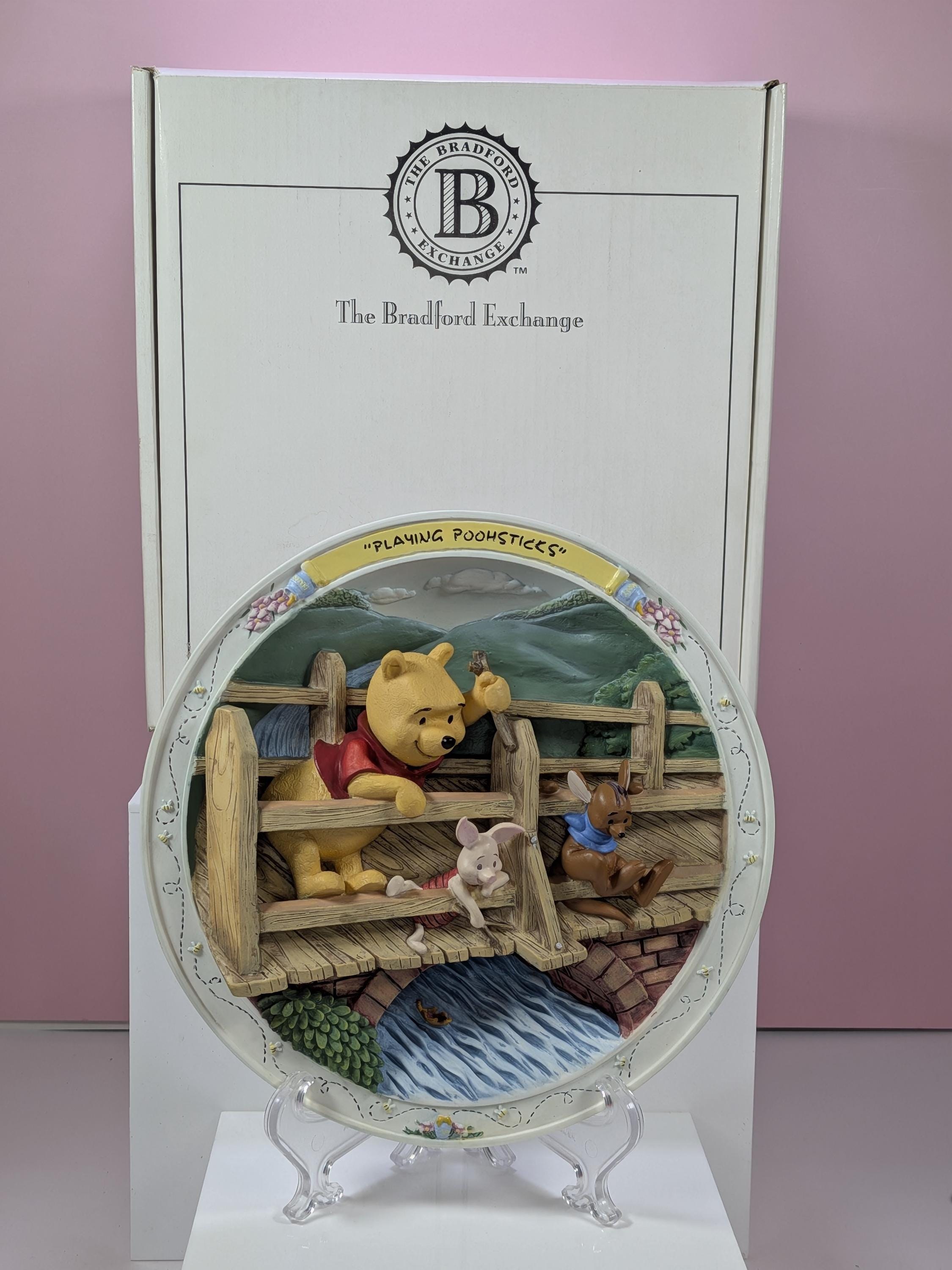 Vintage 1996 Bradford Exchange Disney Winnie the Pooh 3D Sculptural Collector Plate Playing Poohsticks with COA and Original Box view 2