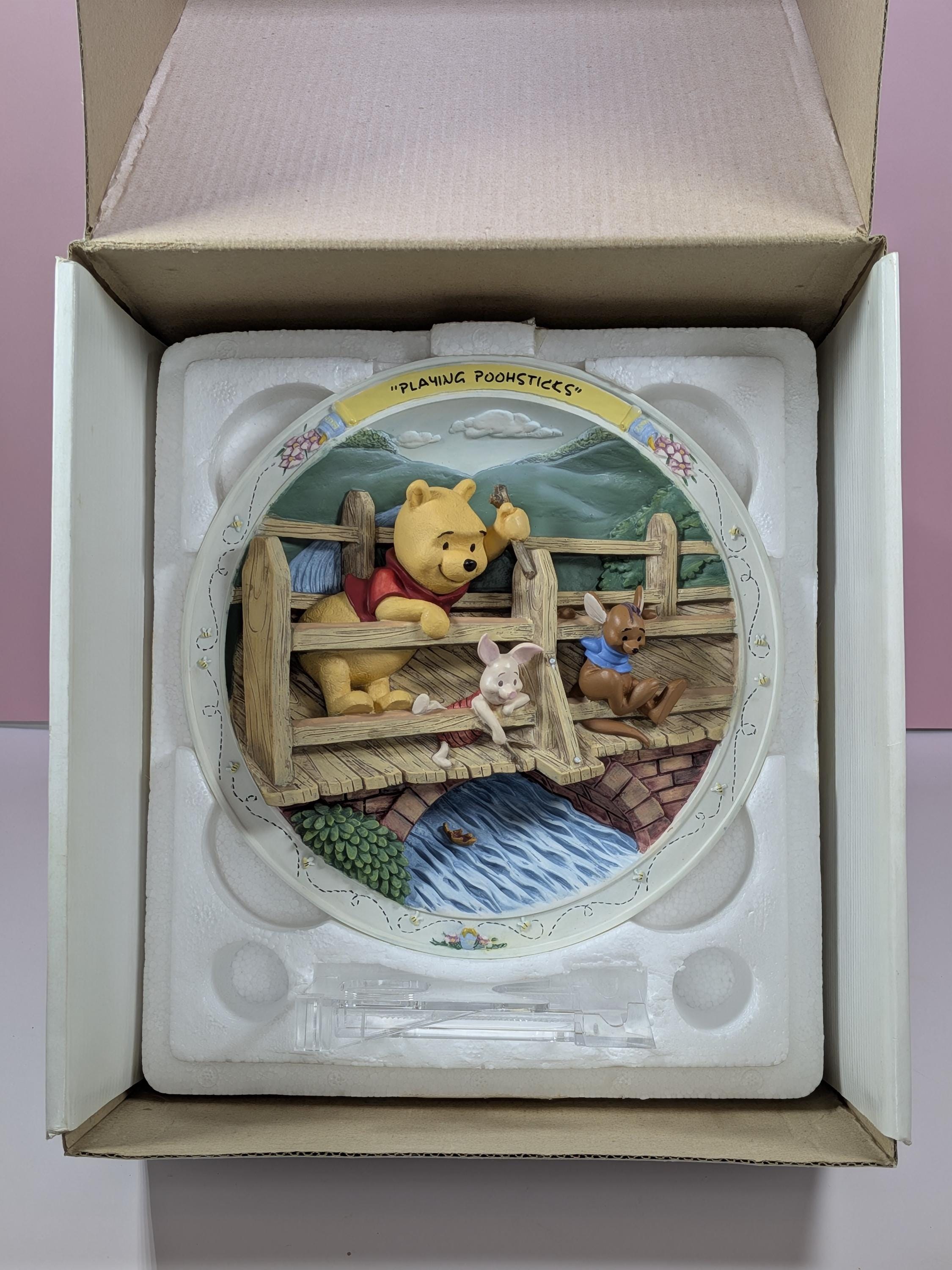 Vintage 1996 Bradford Exchange Disney Winnie the Pooh 3D Sculptural Collector Plate Playing Poohsticks with COA and Original Box view 3