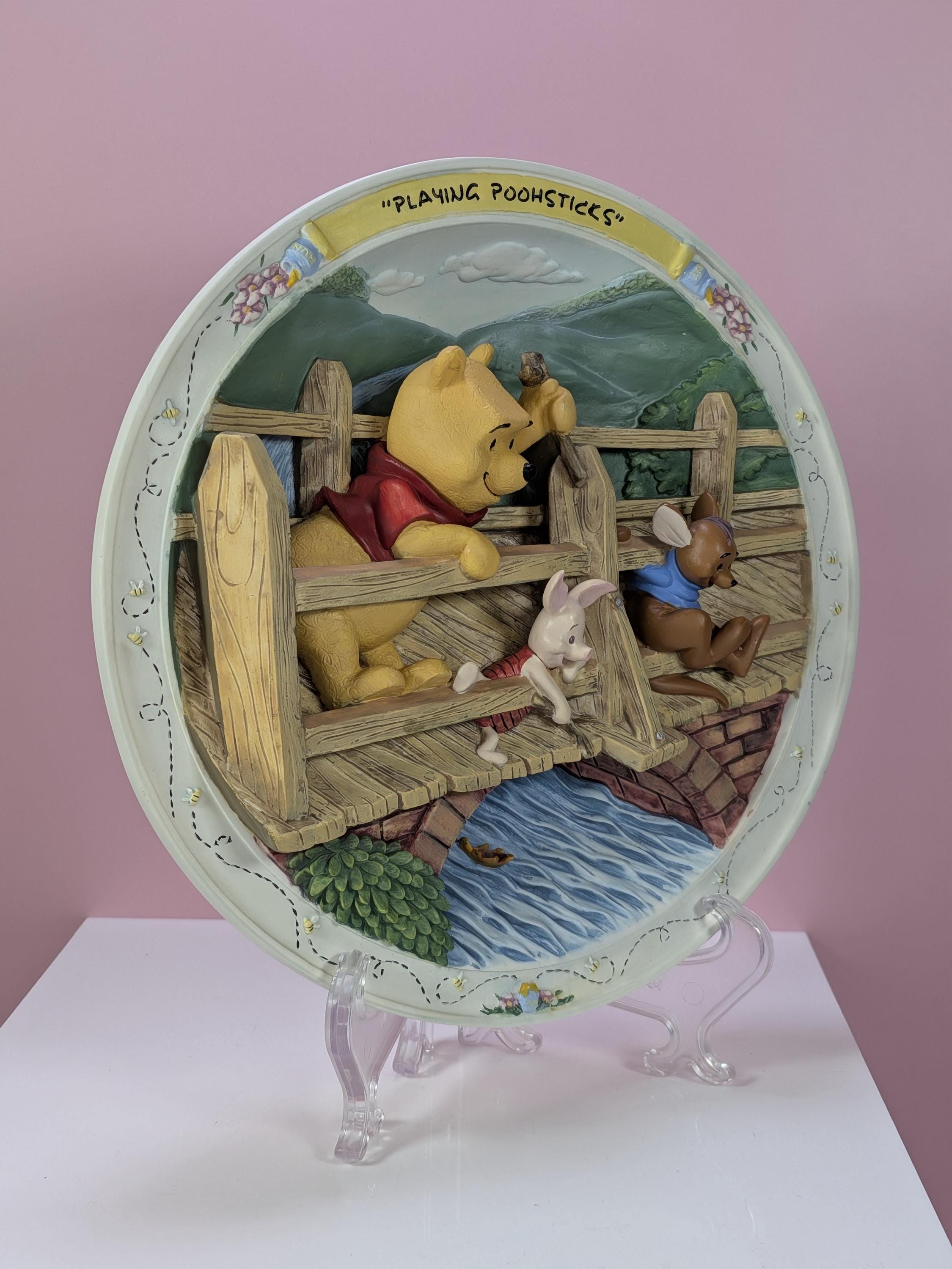 Vintage 1996 Bradford Exchange Disney Winnie the Pooh 3D Sculptural Collector Plate Playing Poohsticks with COA and Original Box view 6