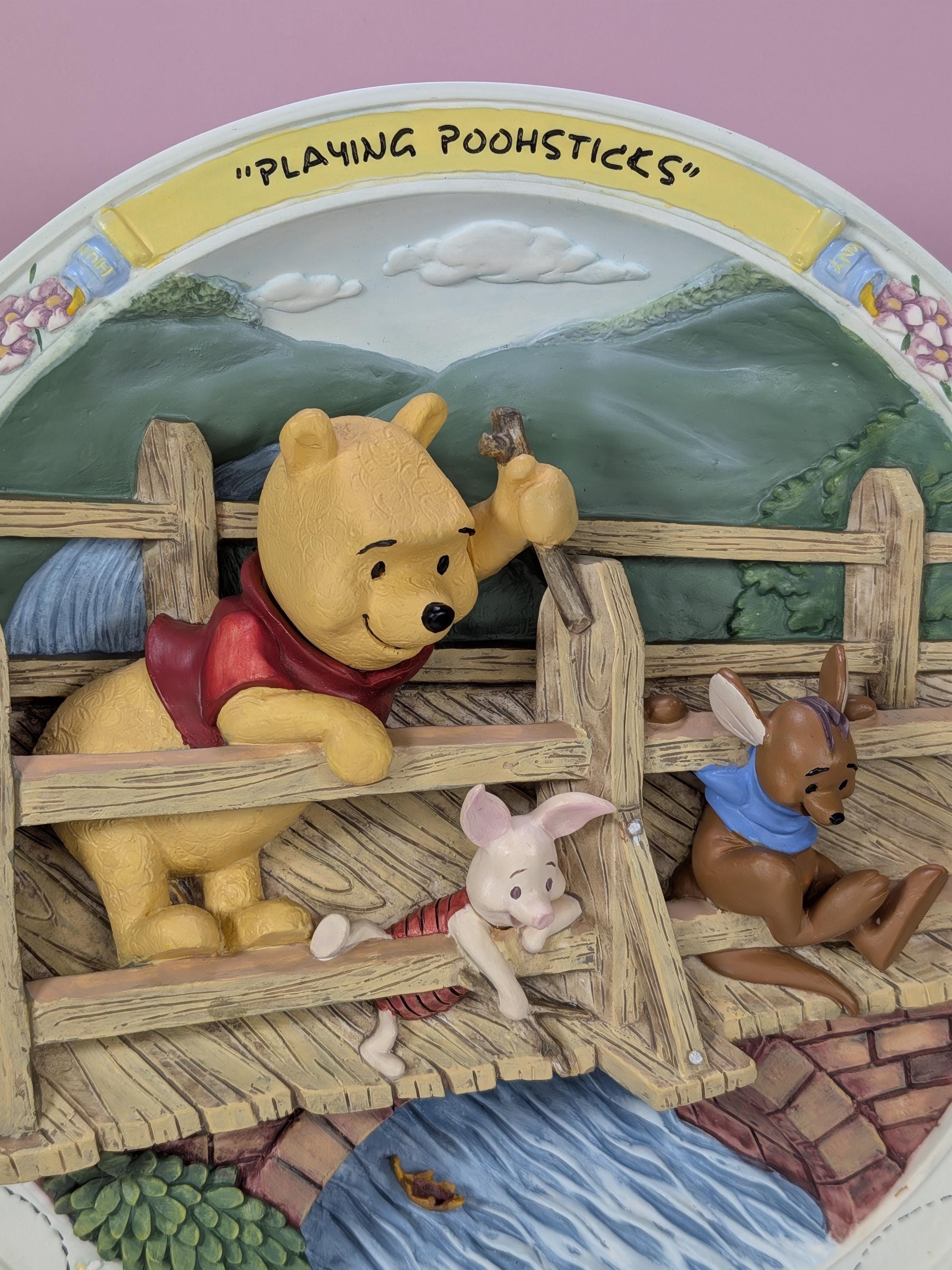 Vintage 1996 Bradford Exchange Disney Winnie the Pooh 3D Sculptural Collector Plate Playing Poohsticks with COA and Original Box view 9