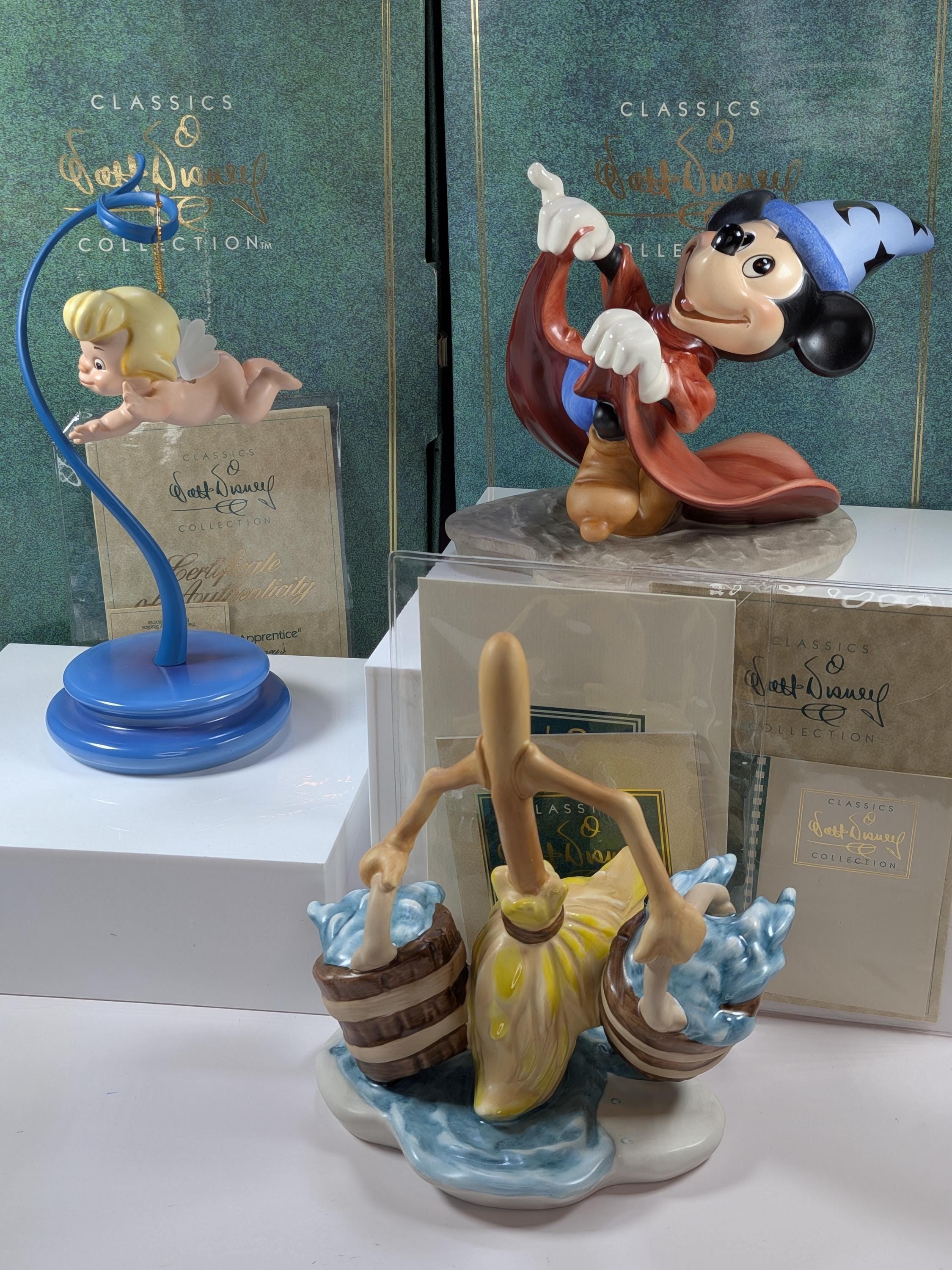 Mint WDCC Disney Fantasia Figurine Lot Sorcerer Mickey Magic Broom Cupid with Stand New Old Stock Deadstock with Boxes and COAs Complete Set