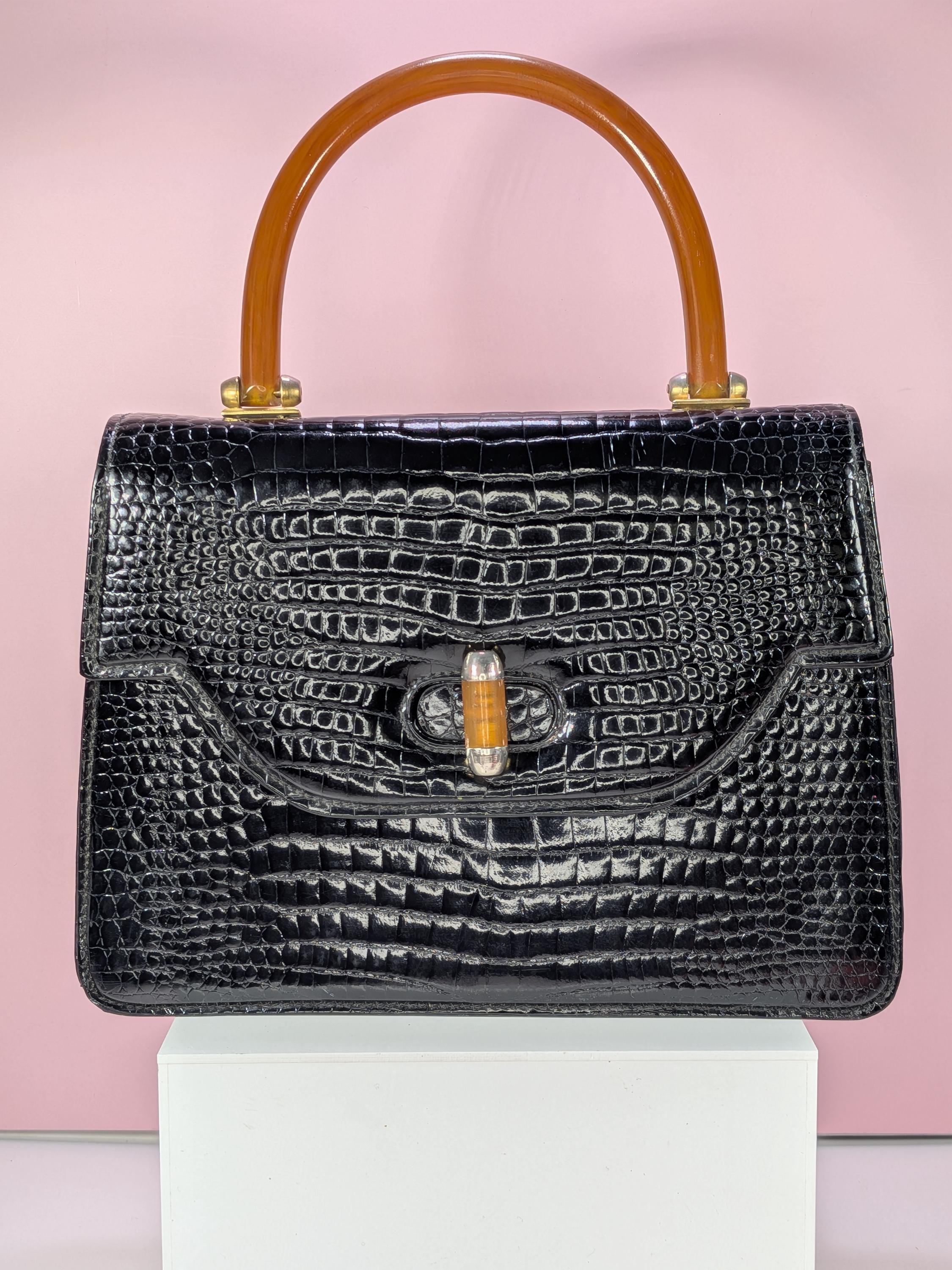 Vintage 1960s Crocodile & Resin Top Handle Bag , Attributed to Gucci