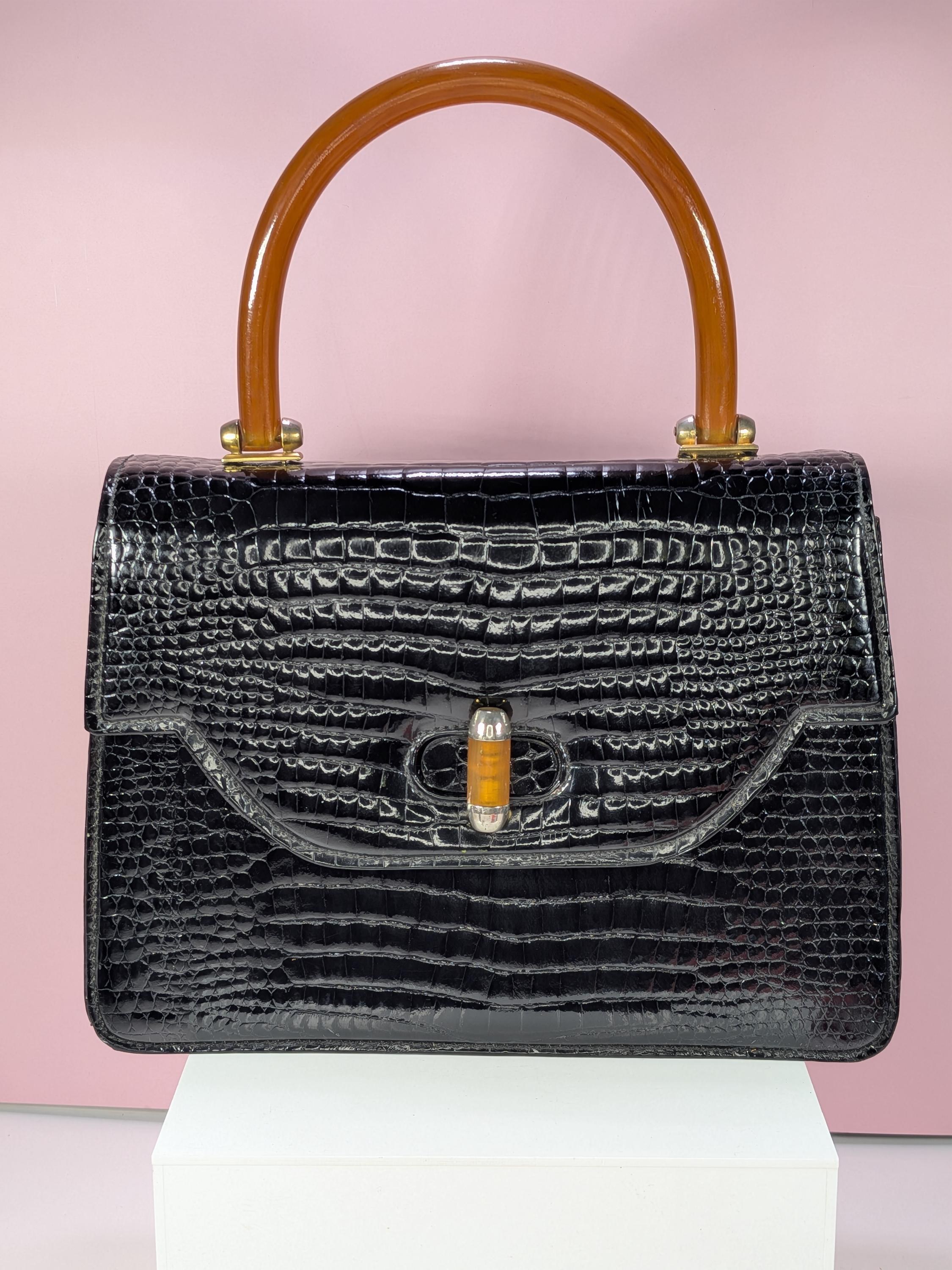 Vintage 1960s Crocodile & Resin Top Handle Bag , Attributed to Gucci view 13