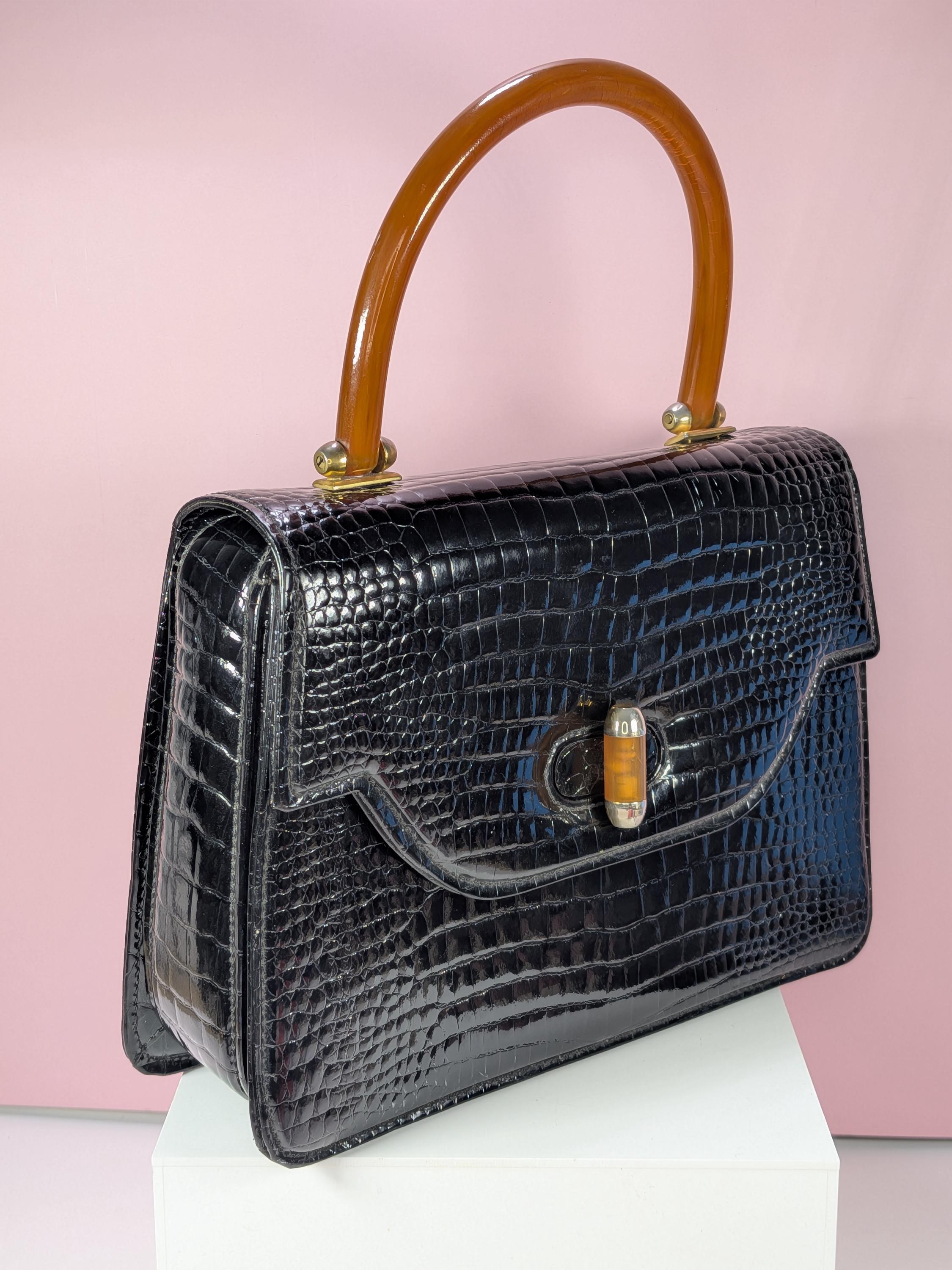 Vintage 1960s Crocodile & Resin Top Handle Bag , Attributed to Gucci view 3