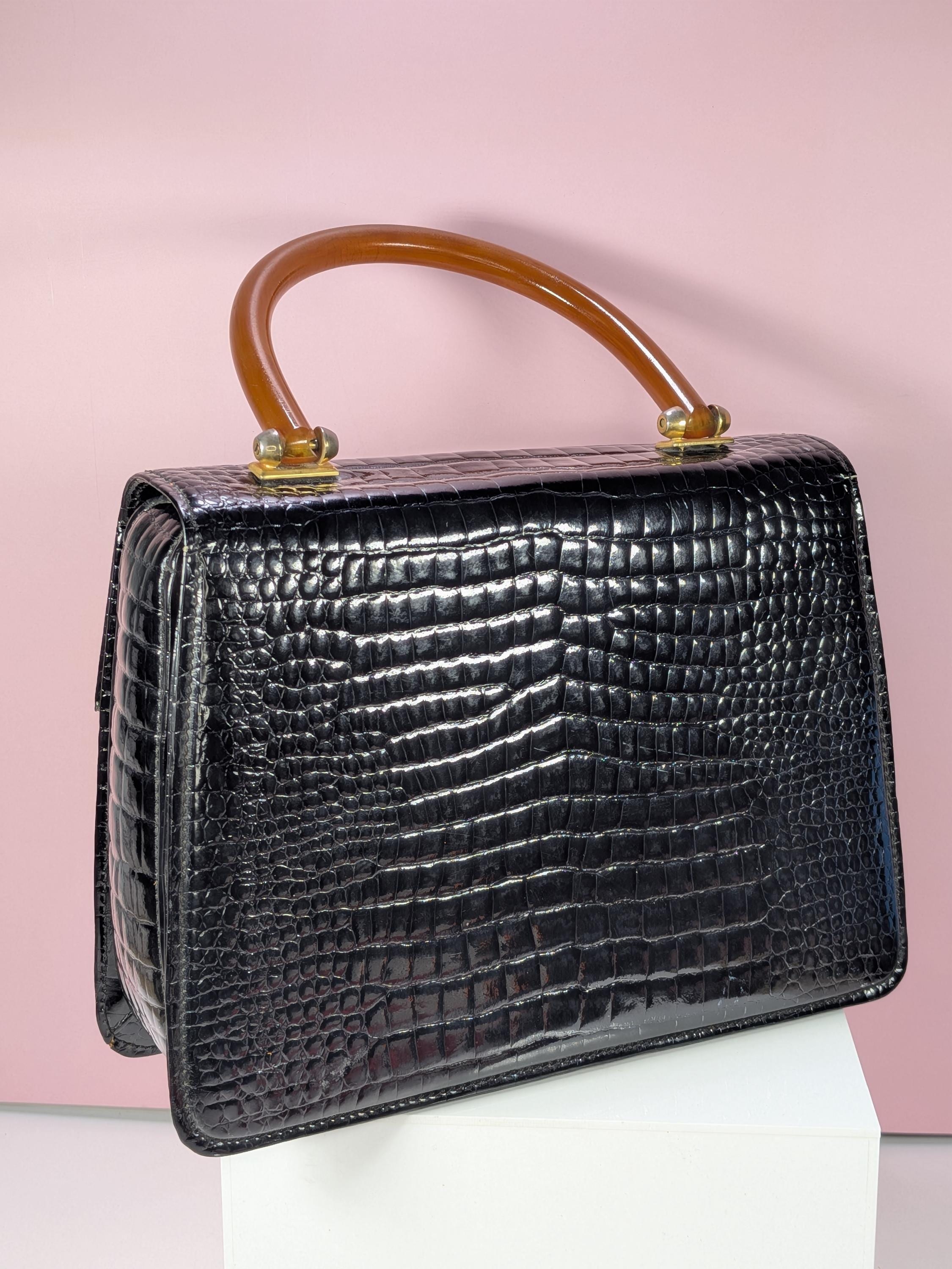 Vintage 1960s Crocodile & Resin Top Handle Bag , Attributed to Gucci view 4