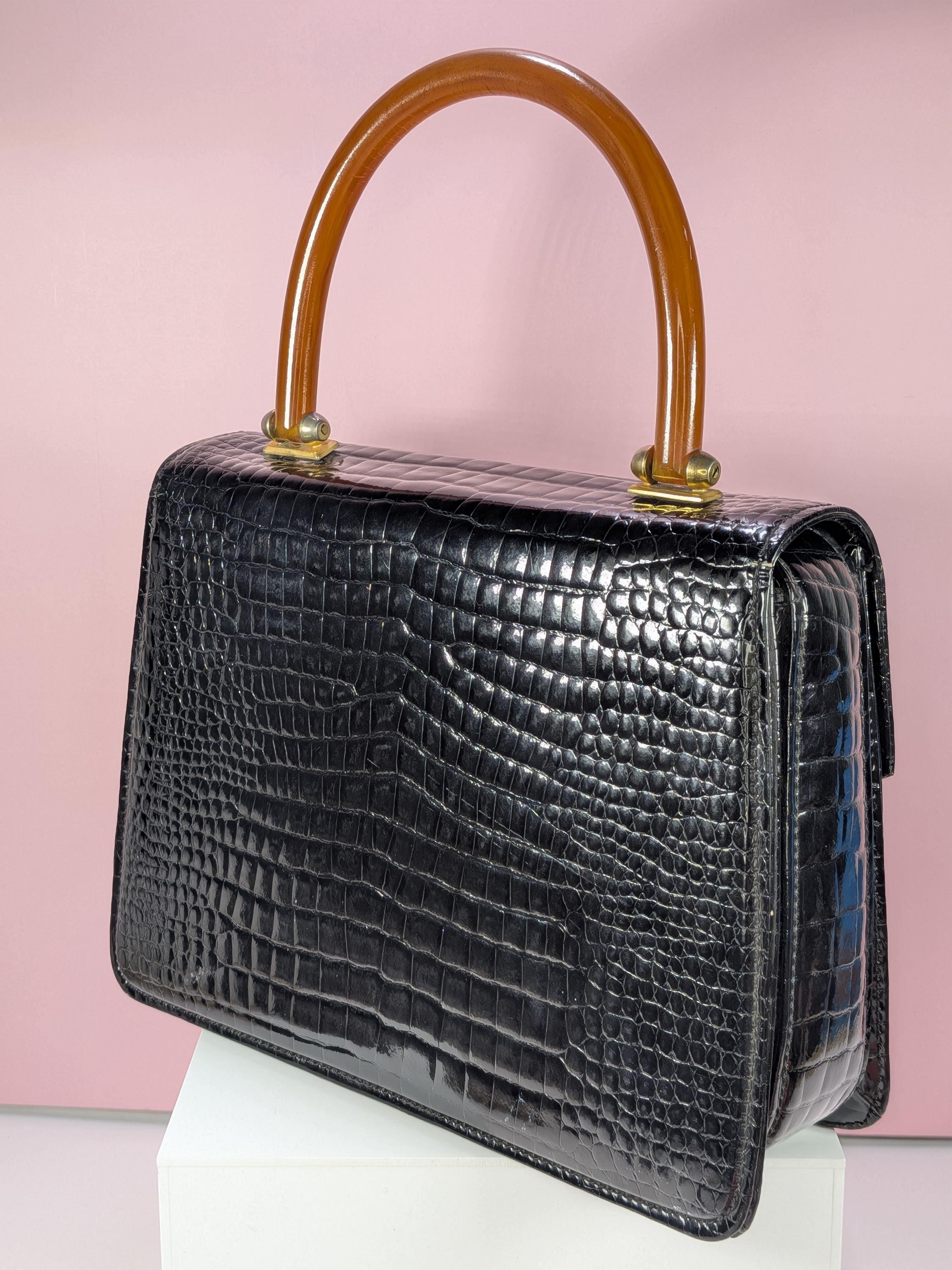 Vintage 1960s Crocodile & Resin Top Handle Bag , Attributed to Gucci view 5