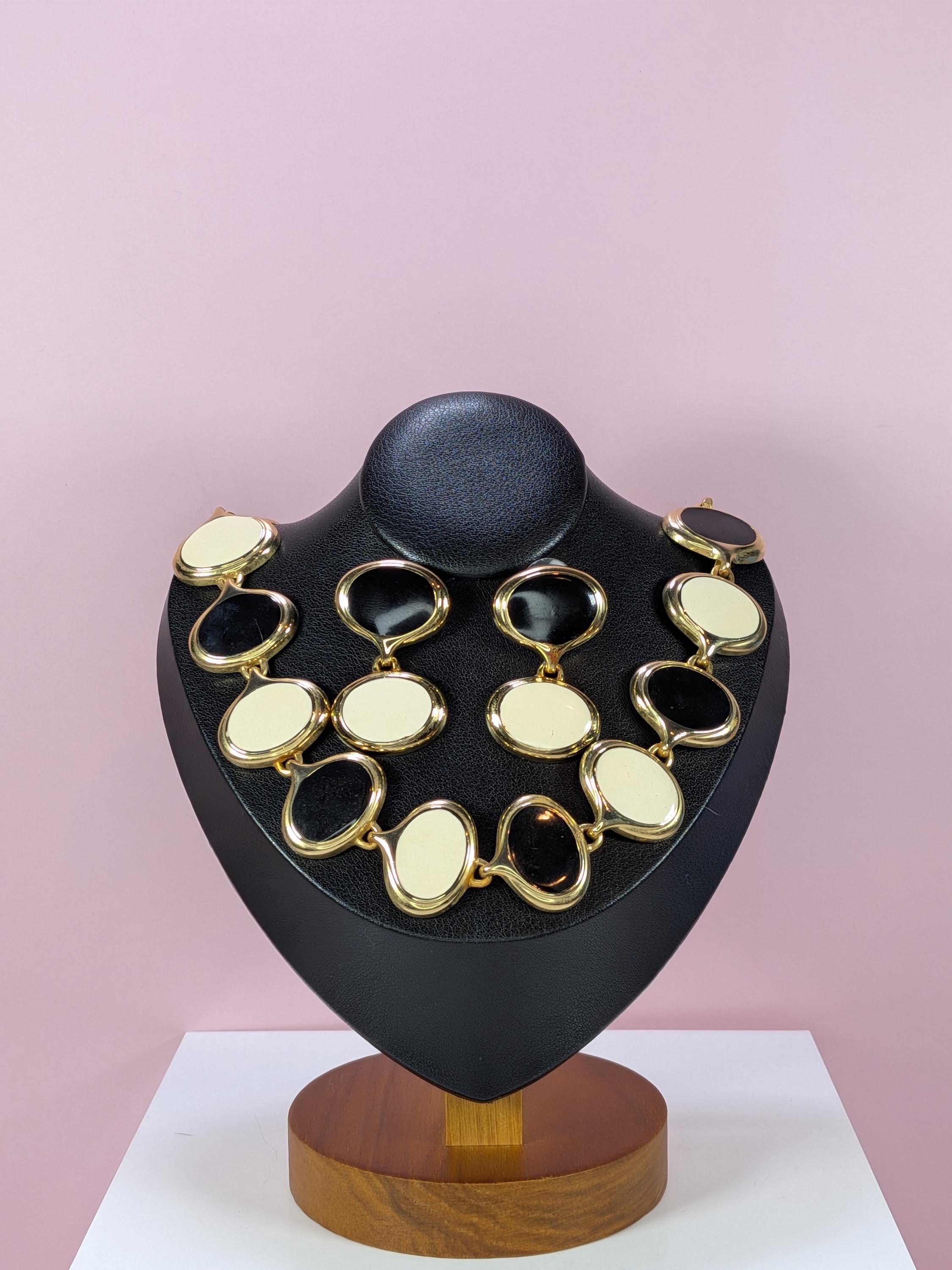 Vintage Gold Enamel Chunky Link Necklace Earring Set, 1980s Retro Modernist Cream Black Oval Collar 18 Inch Anne Klein Style Costume Jewelry