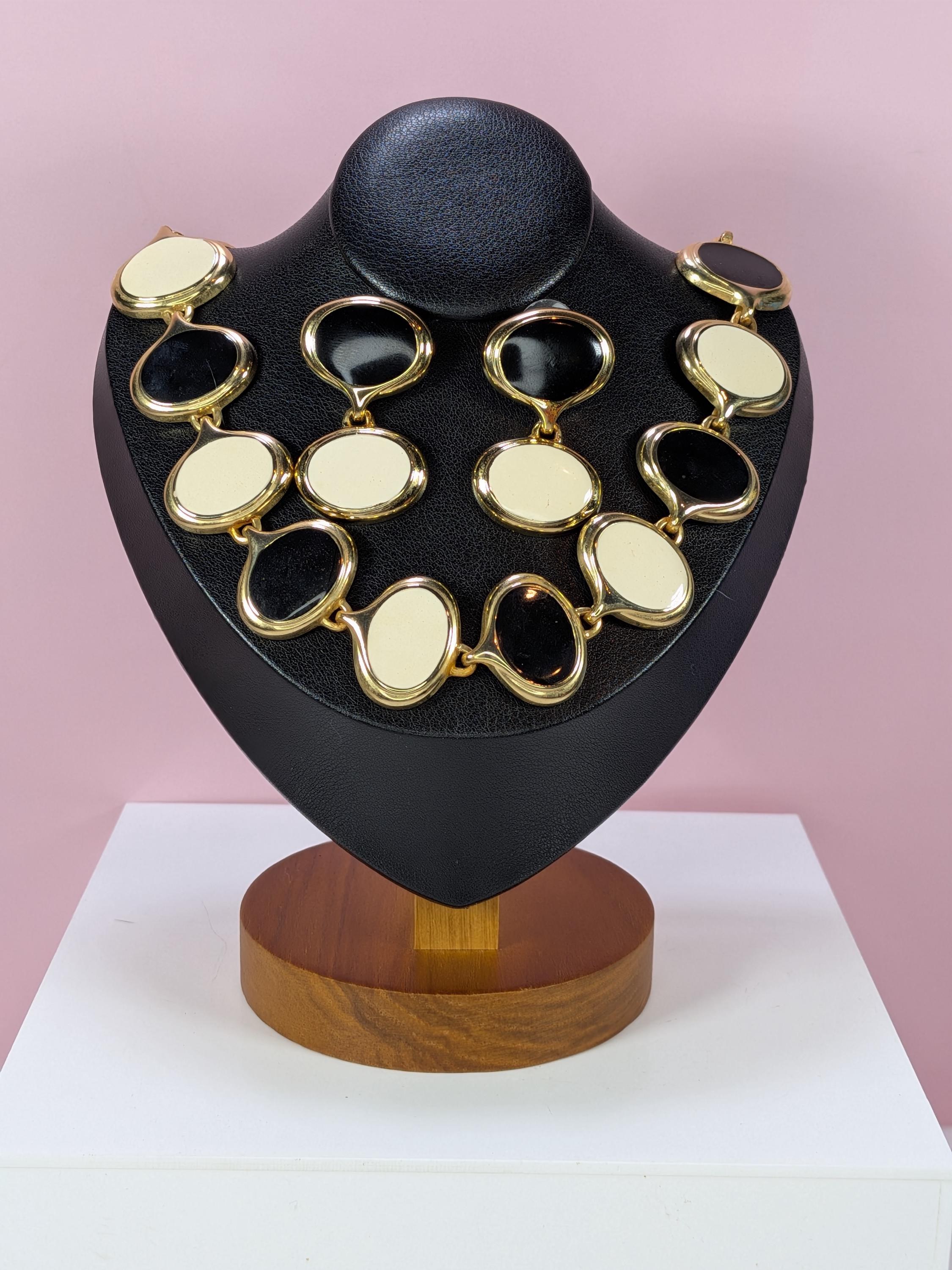 Vintage Gold Enamel Chunky Link Necklace Earring Set, 1980s Retro Modernist Cream Black Oval Collar 18 Inch Anne Klein Style Costume Jewelry view 2