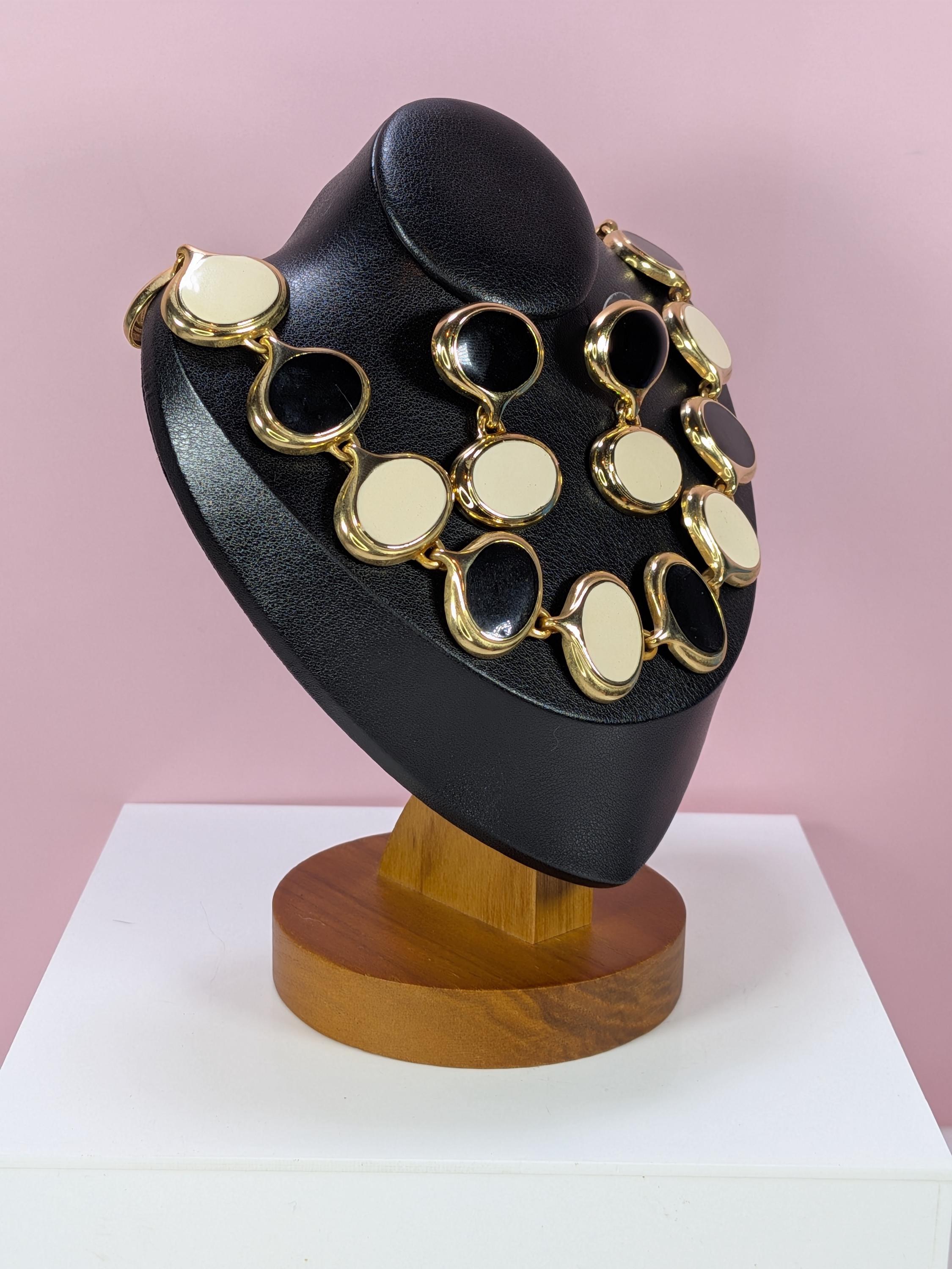 Vintage Gold Enamel Chunky Link Necklace Earring Set, 1980s Retro Modernist Cream Black Oval Collar 18 Inch Anne Klein Style Costume Jewelry view 3