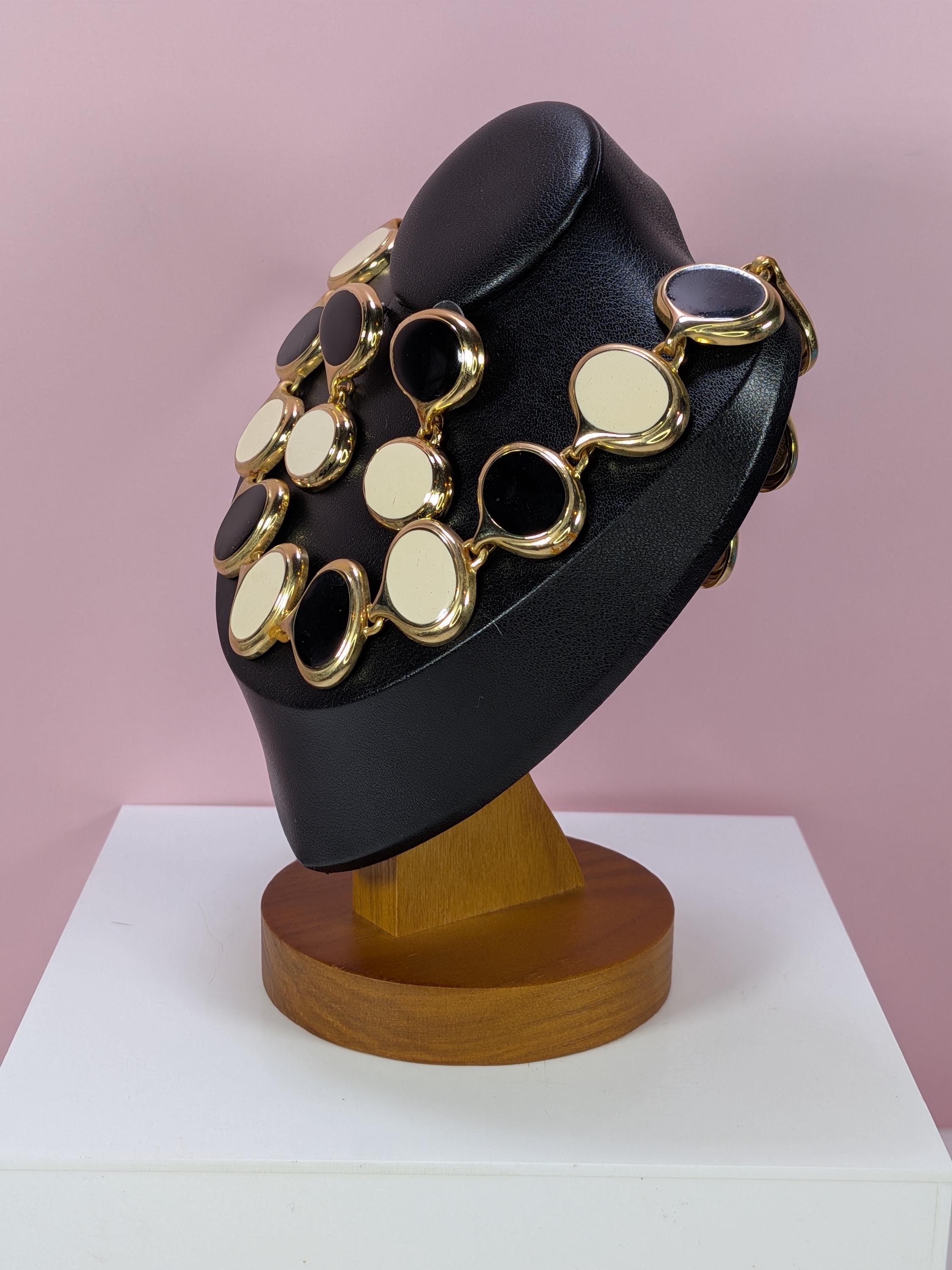 Vintage Gold Enamel Chunky Link Necklace Earring Set, 1980s Retro Modernist Cream Black Oval Collar 18 Inch Anne Klein Style Costume Jewelry view 4