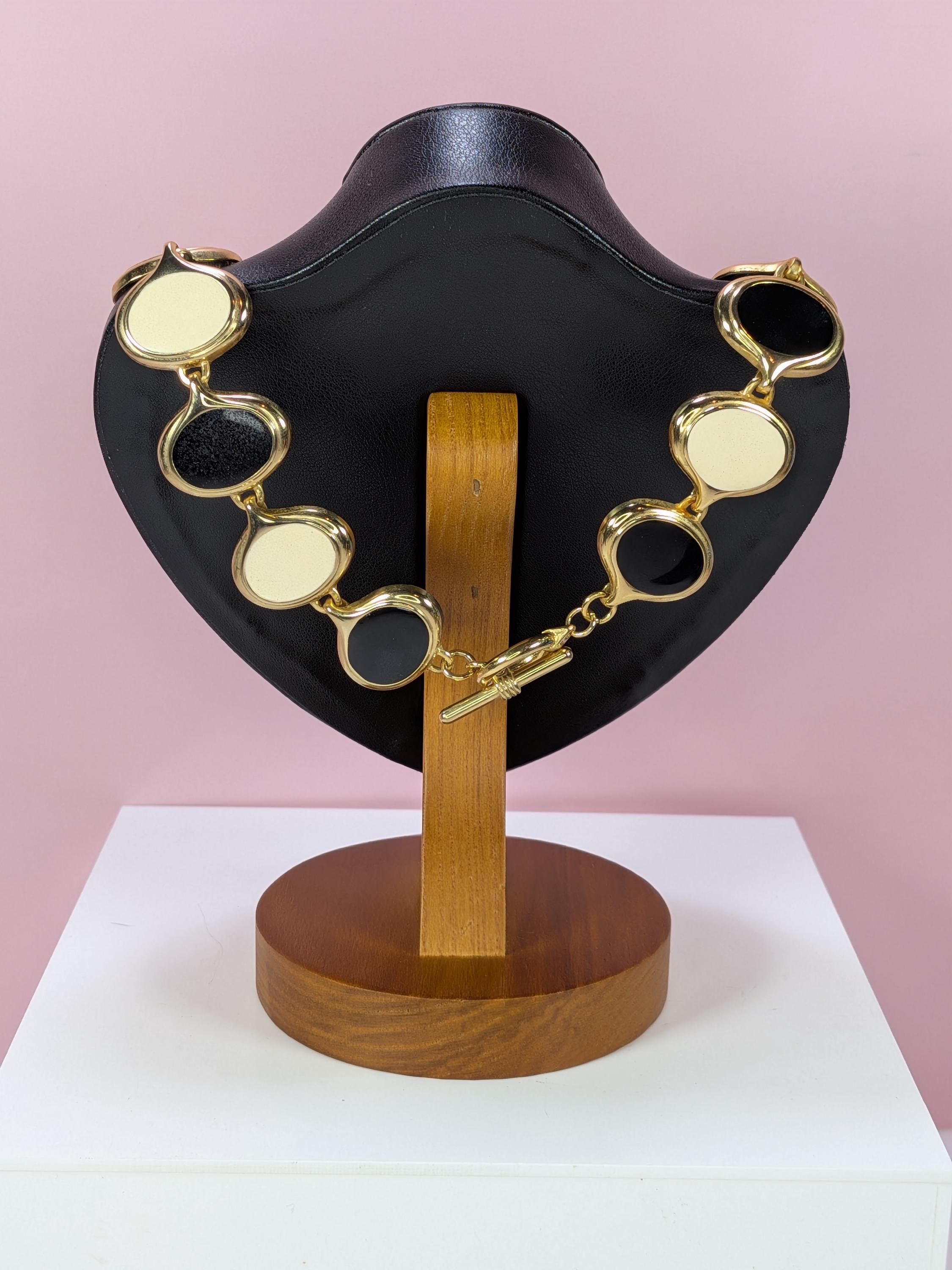 Vintage Gold Enamel Chunky Link Necklace Earring Set, 1980s Retro Modernist Cream Black Oval Collar 18 Inch Anne Klein Style Costume Jewelry view 5