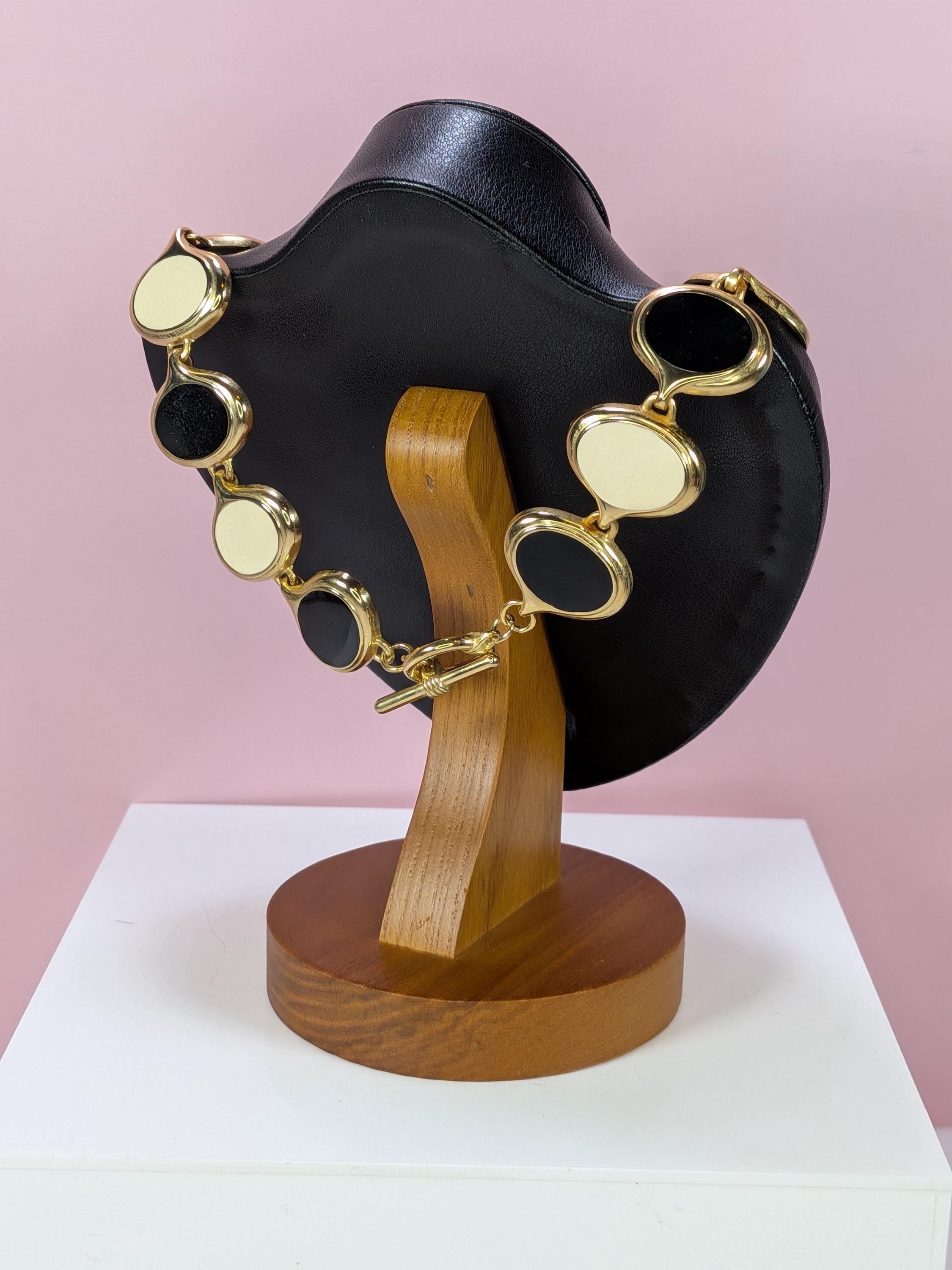 Vintage Gold Enamel Chunky Link Necklace Earring Set, 1980s Retro Modernist Cream Black Oval Collar 18 Inch Anne Klein Style Costume Jewelry view 6