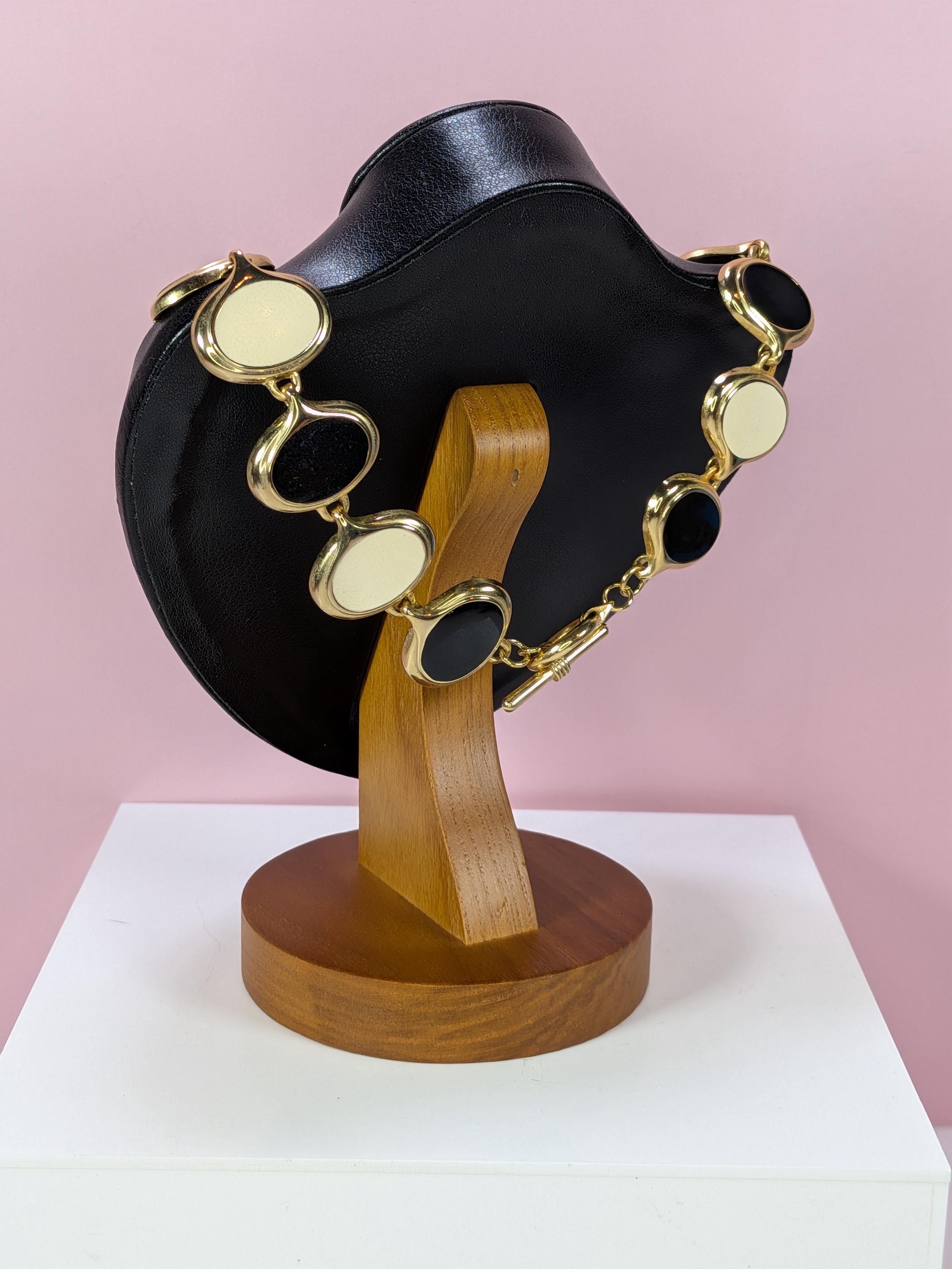 Vintage Gold Enamel Chunky Link Necklace Earring Set, 1980s Retro Modernist Cream Black Oval Collar 18 Inch Anne Klein Style Costume Jewelry view 7