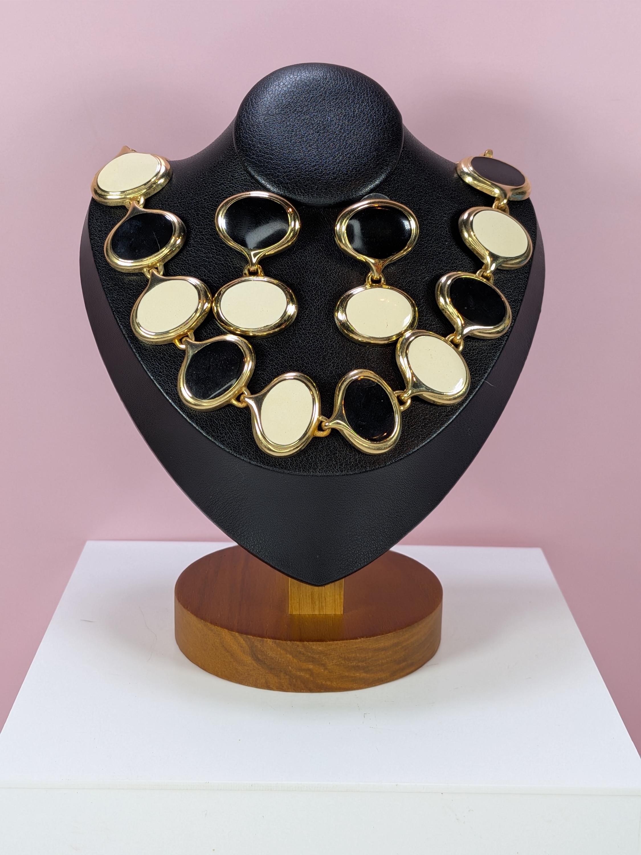 Vintage Gold Enamel Chunky Link Necklace Earring Set, 1980s Retro Modernist Cream Black Oval Collar 18 Inch Anne Klein Style Costume Jewelry view 8