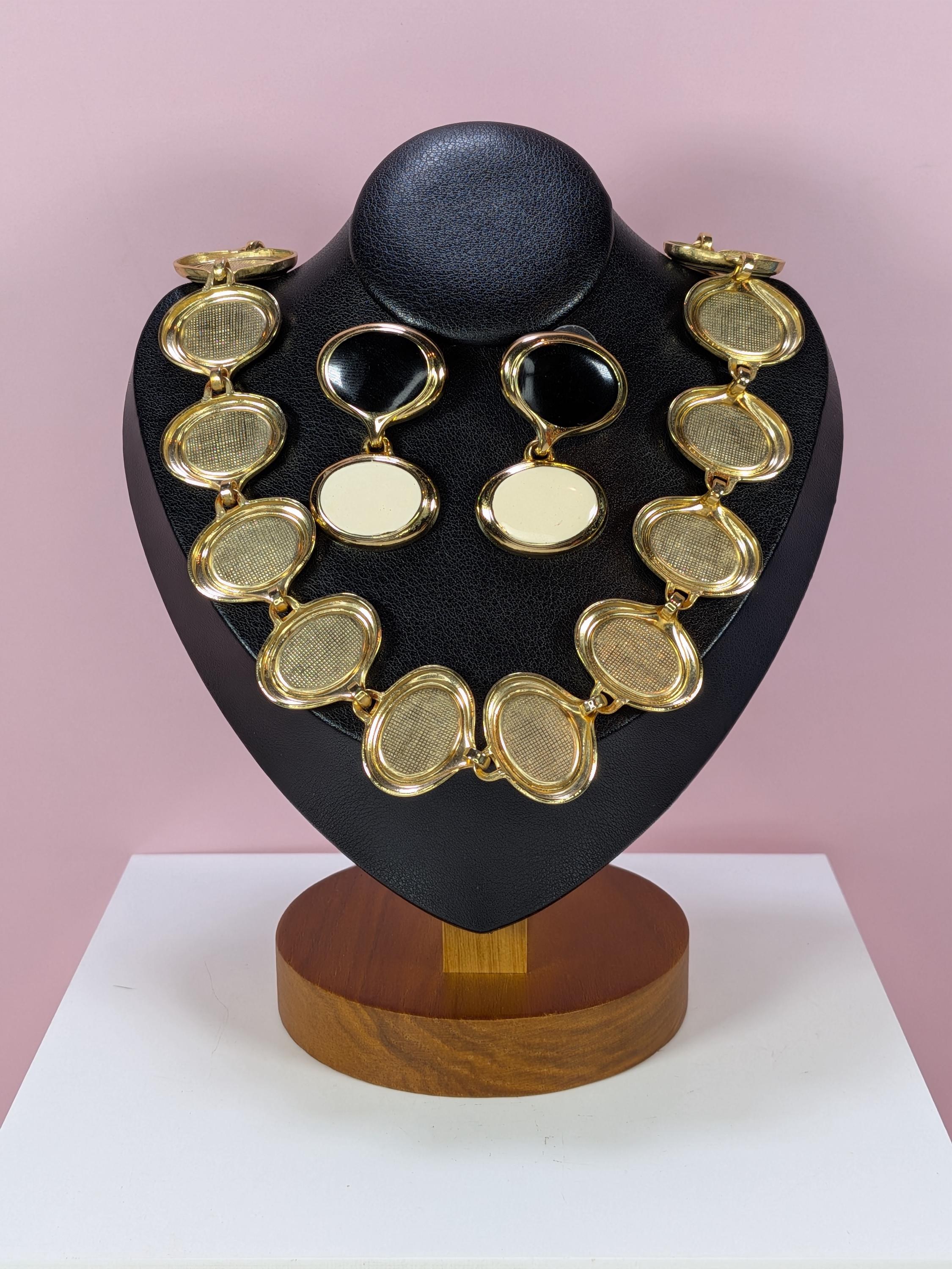 Vintage Gold Enamel Chunky Link Necklace Earring Set, 1980s Retro Modernist Cream Black Oval Collar 18 Inch Anne Klein Style Costume Jewelry view 9