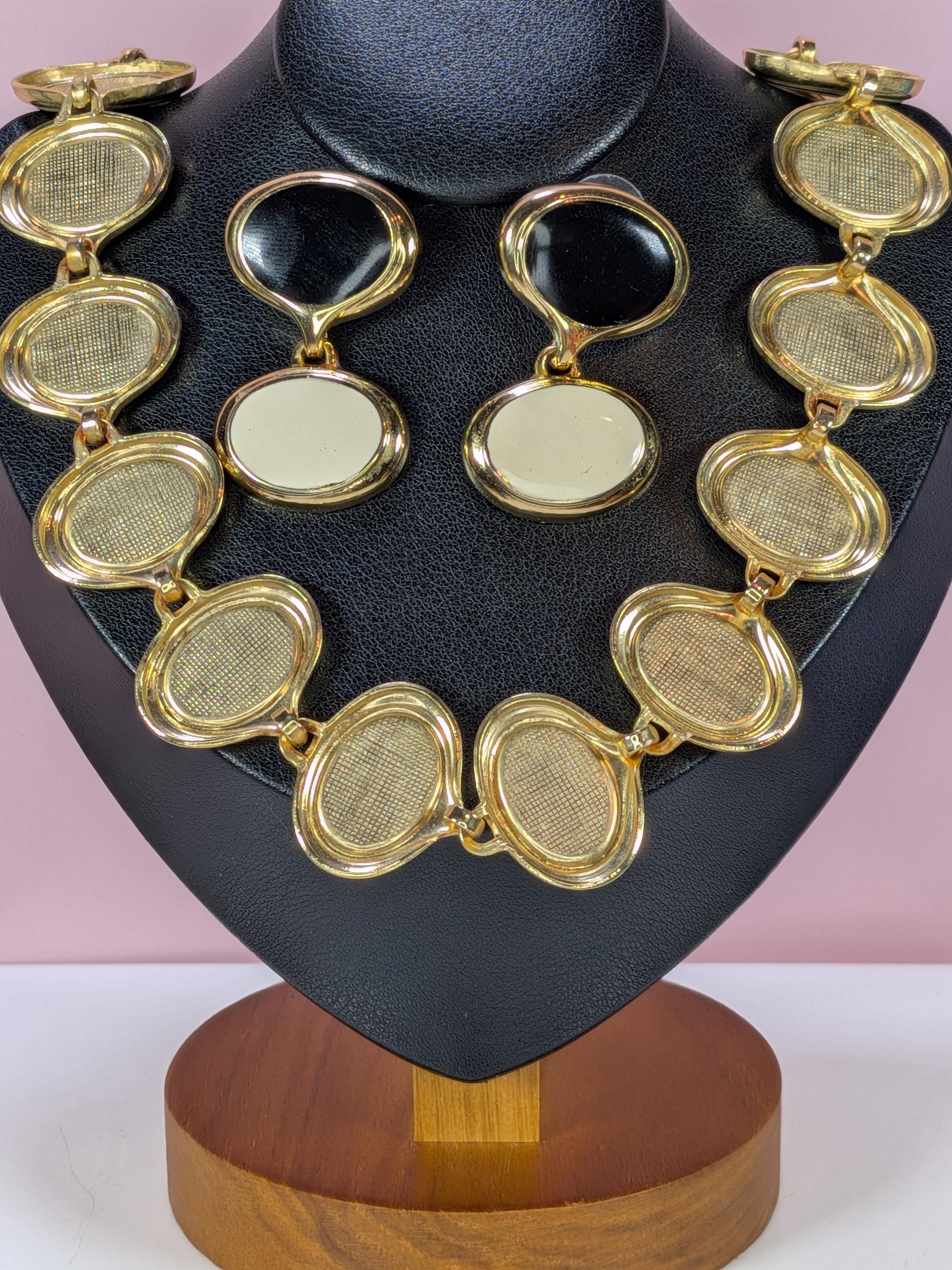 Vintage Gold Enamel Chunky Link Necklace Earring Set, 1980s Retro Modernist Cream Black Oval Collar 18 Inch Anne Klein Style Costume Jewelry view 10