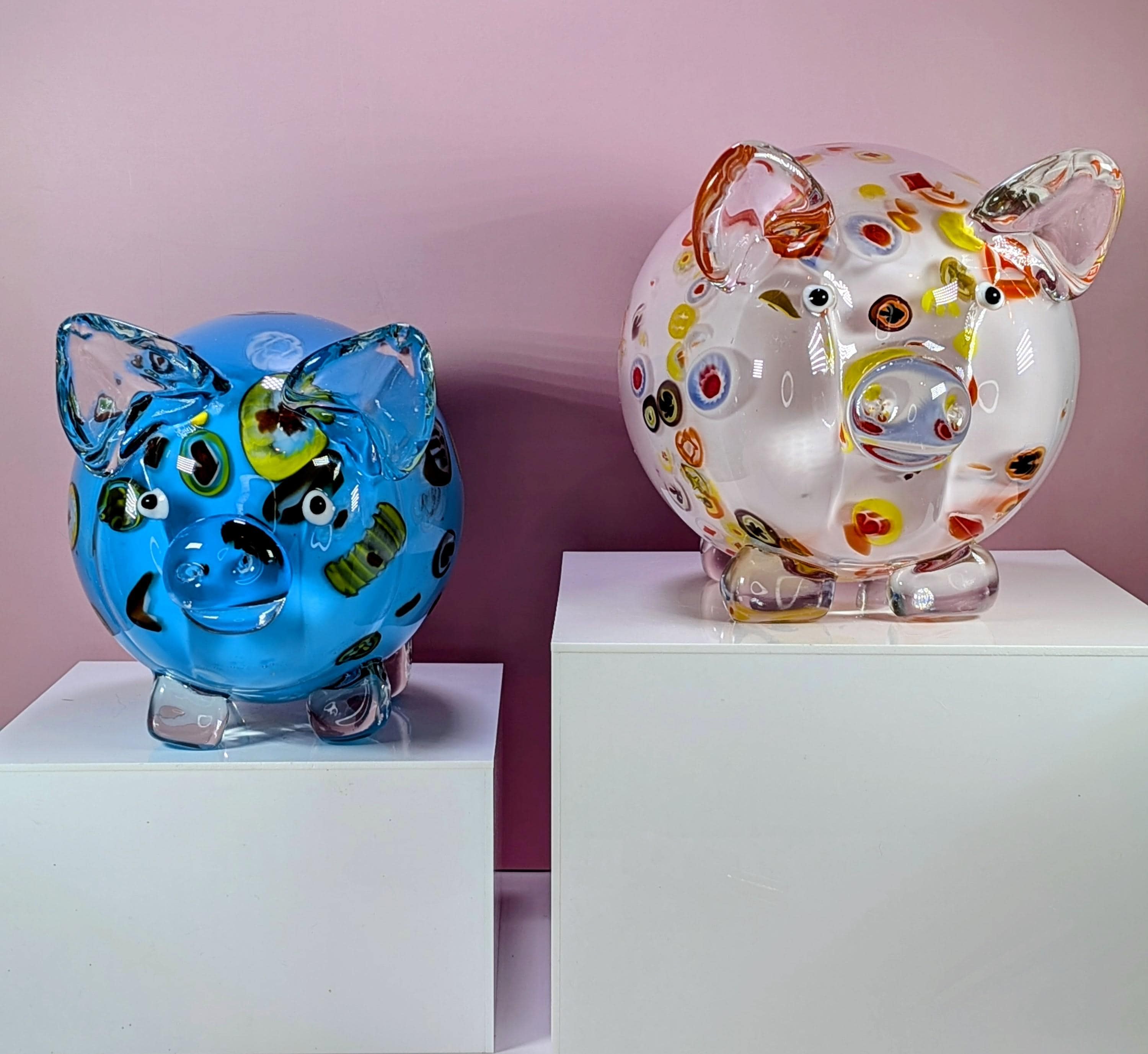 Large Murano Style Art Glass Pig Figurine Set, Heavy Hand Blown Millefiori Glass Pigs Home Decor, Colorful Whimsical Glass Animals Set of 2